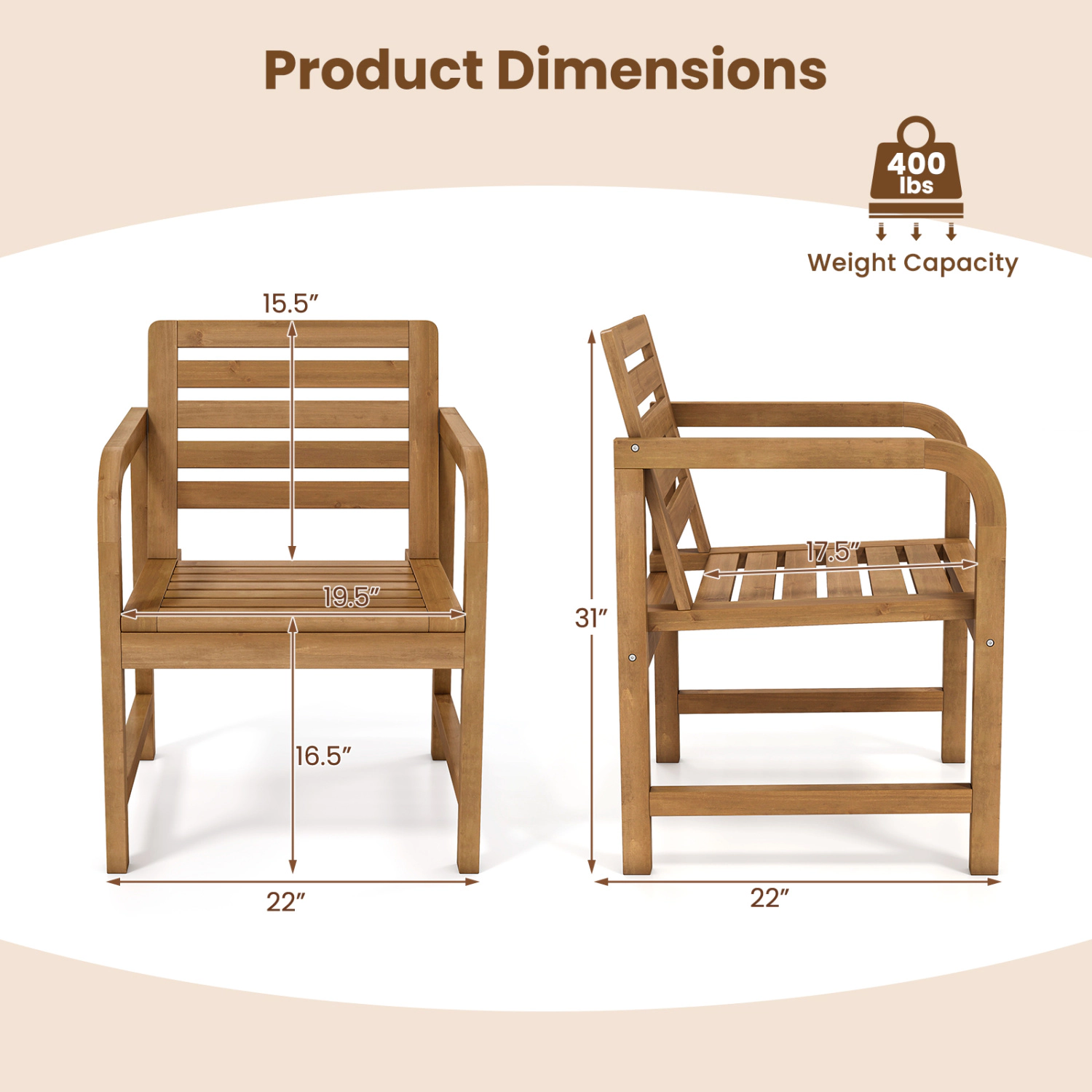 LJG Natural Wood Patio Armchair with Slanted Back and Slatted Seat