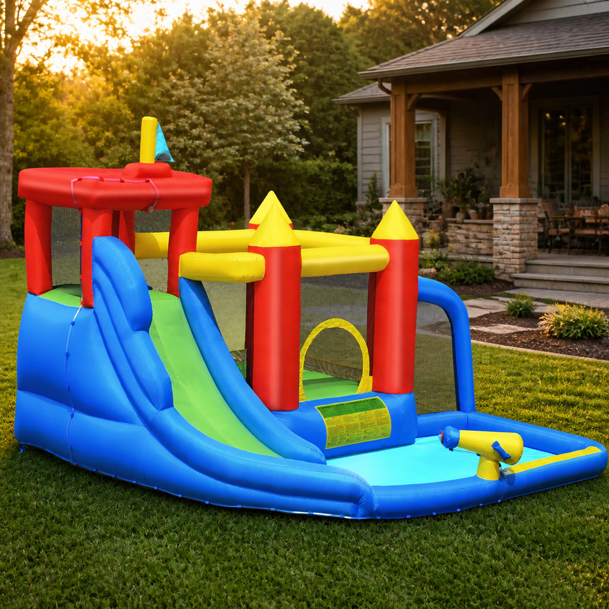 SUGIFT 11.4-ft Inflatable Bounce House with Water Slide Splash Pool and 740W Blower Included for Backyard