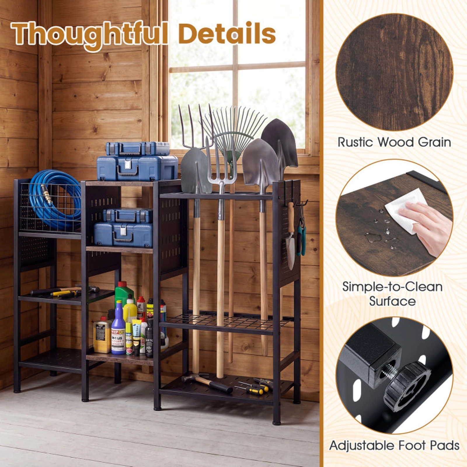 SUGIFT 40-in Wide Garden Tool Organizer with Metal Frame and Wooden Shelves 22-lb Tier Capacity Black and Rustic Brown