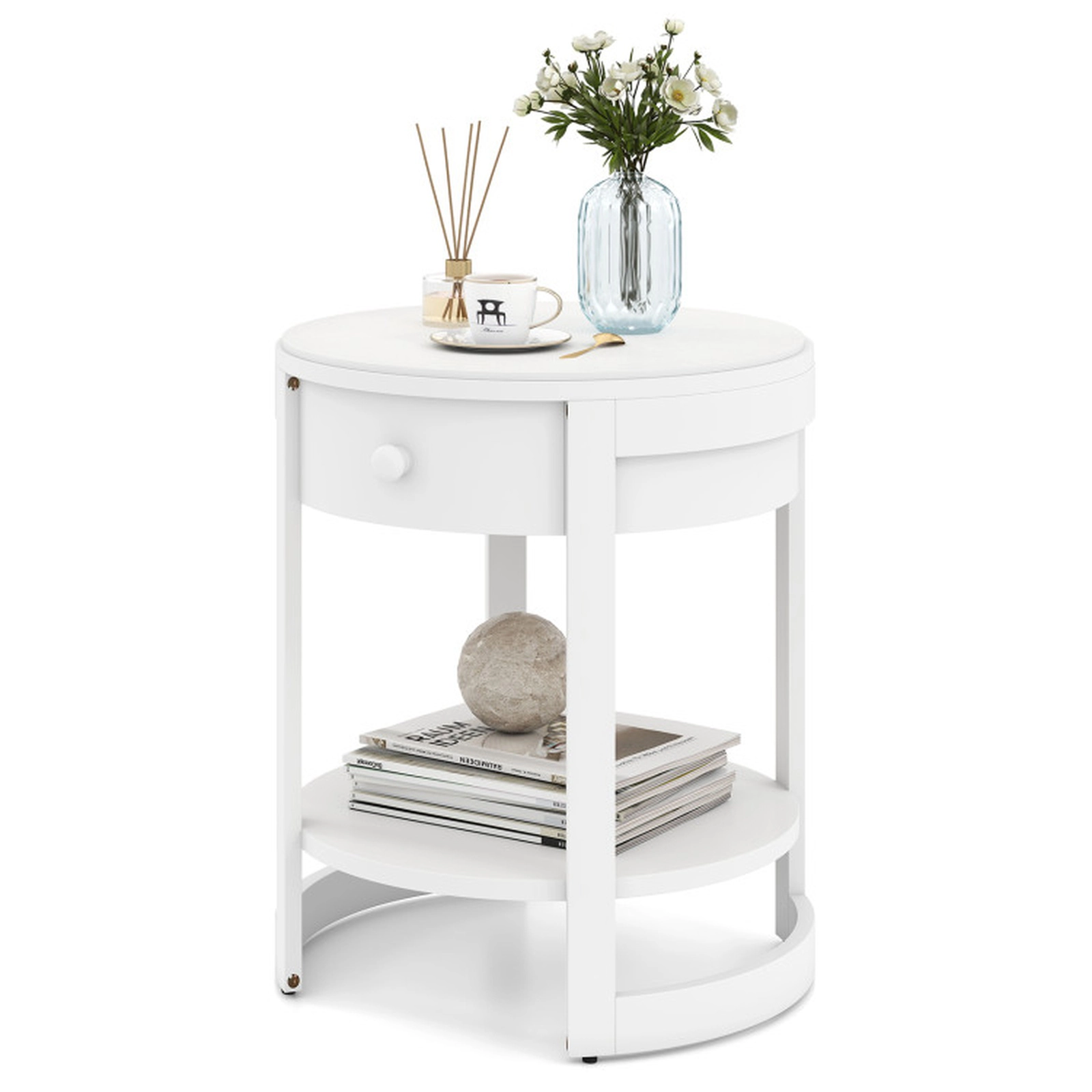 SUGIFT 2-Tier Round Drawer Open Shelf Modern Nightstand End Table 19.5-in x 19.5-in x 24-in 190-lb Capacity White