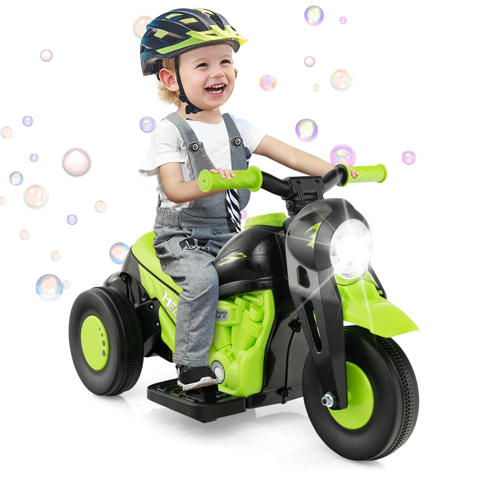 6V Kids Ride on Motorcycle Bubble Maker LED Headlight Music Reverse Switch 3-Wheel Electric Motorbike 66-lb Capacity