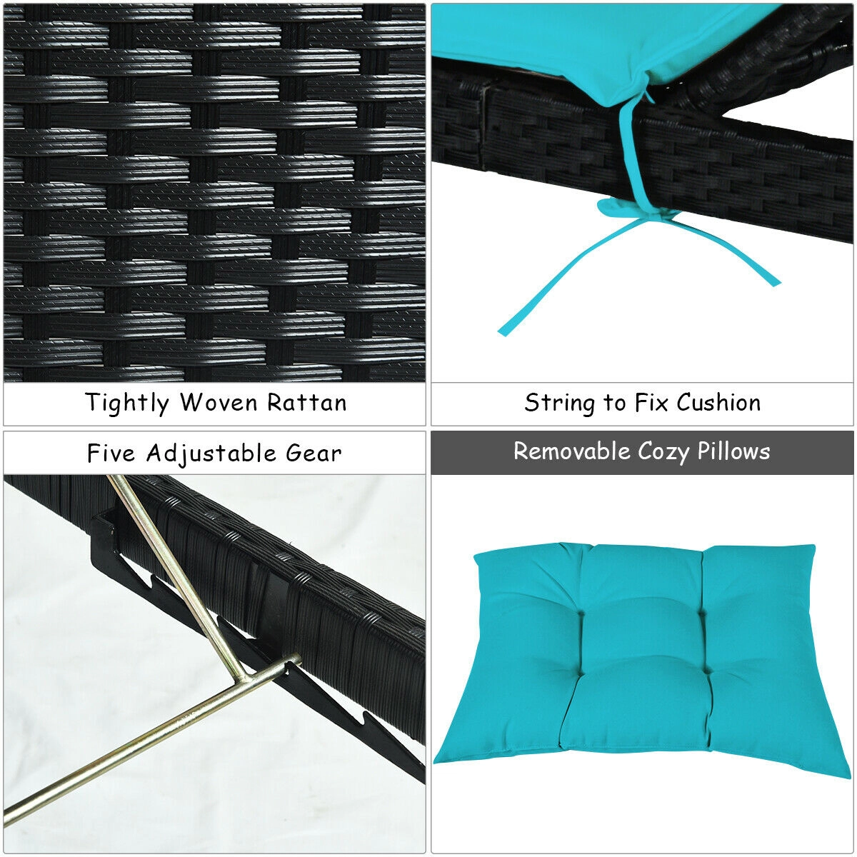 SUGIFT Adjustable Rattan Chaise Lounge Chair with 85-in Length 700-Lb Capacity with 2.5-in Cushion Turquoise