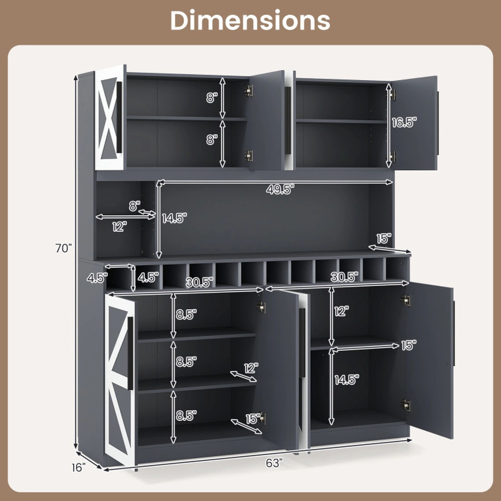 SUGIFT 70-in Farmhouse 4 Cabinets 2 Shelves 12 Wine Slots Kitchen Pantry Hutch 63-in x 16-in 330-lb Capacity Dark Gray