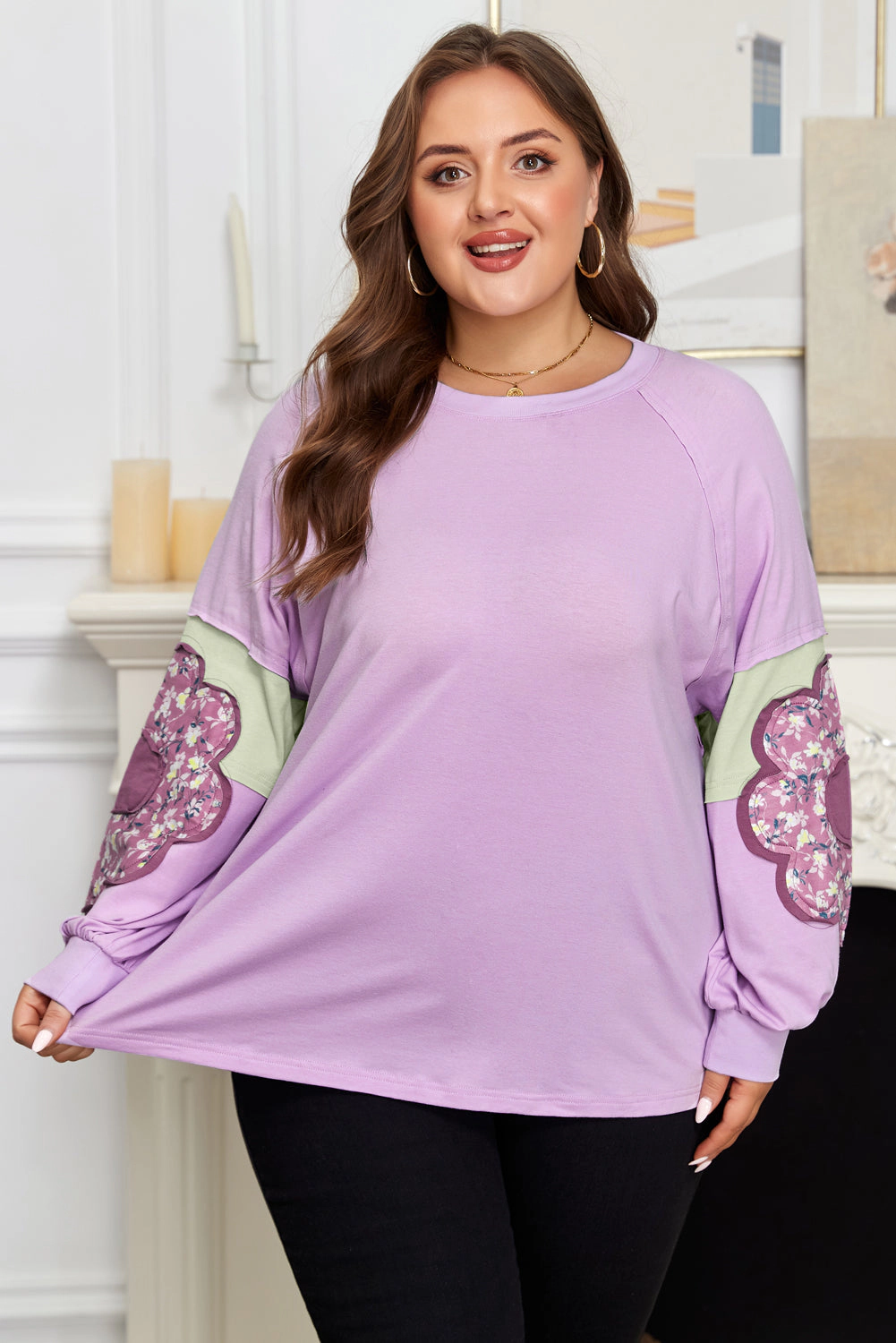 Threaded Pear Women's Phalaenopsis Flower Patch Colorblock Plus Pullover Top