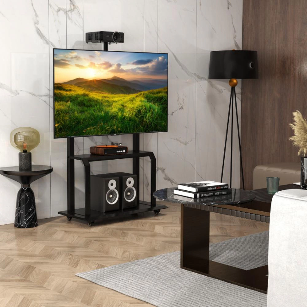 Hivvago Mobile Tv Stand With Camera Shelf And Av Shelves For 32-80 Inch Flat/Curved Tvs