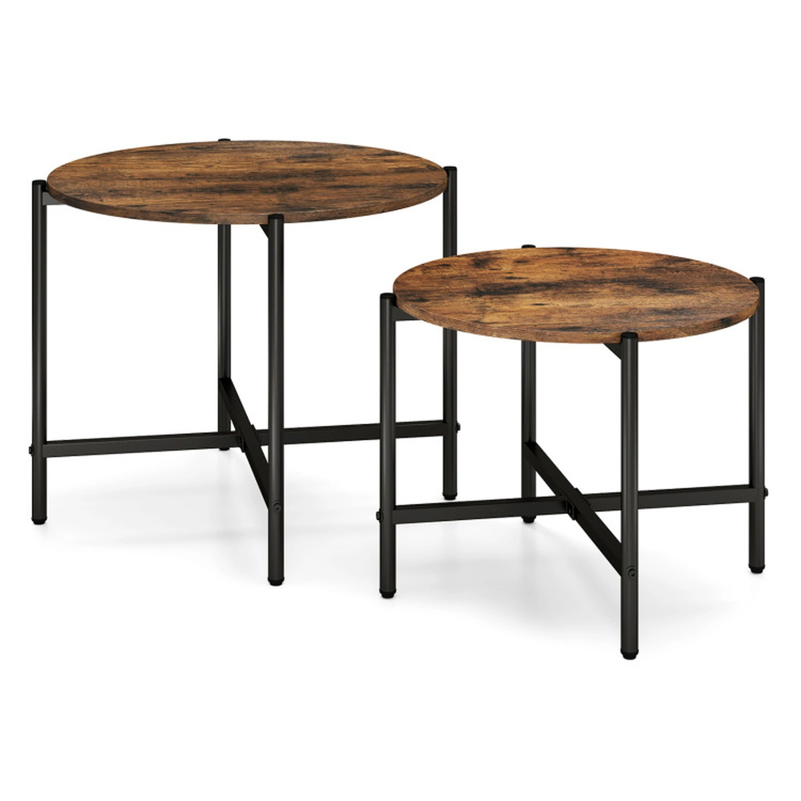 SUGIFT Set of 2 Round Nesting Cross Metal Frame Wood Coffee Tables 25.5-in Dia x 20-in H 200-lb Capacity Rustic Brown