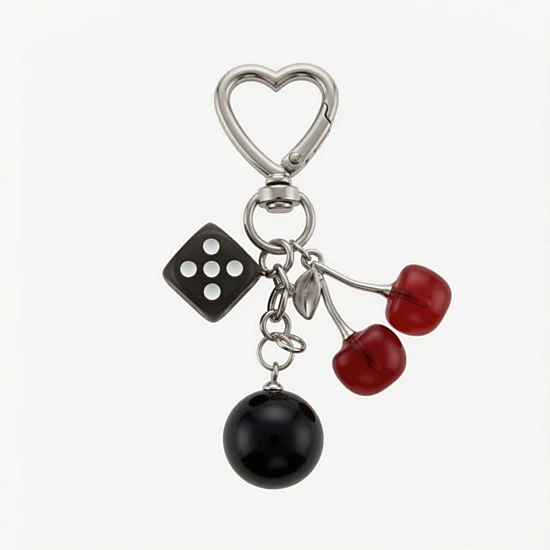 Alilang Women's 8 Ball Cherry Dice Charm Keychain with Heart Clip Novelty Bag Charm Key Ring Accessory