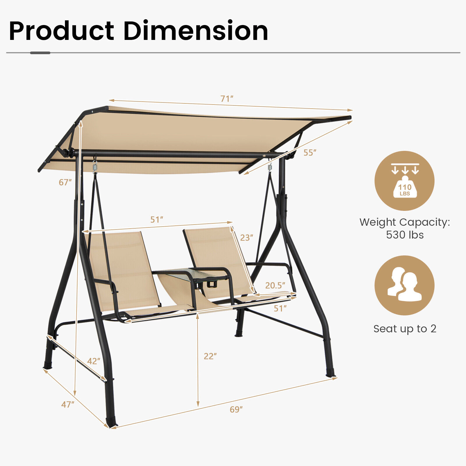 SUGIFT 2-Seat Outdoor Cushioned Porch Swing with Adjustable Canopy and Tempered Glass Table 530-lb Capacity Beige