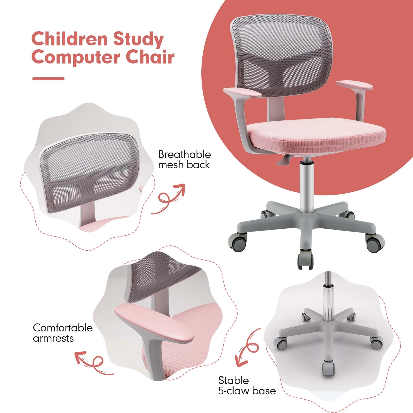 SUGIFT Ergonomic Adjustable Kids Desk Chair with Armrests 330-Lb Capacity 31.5-36-in Height Pink