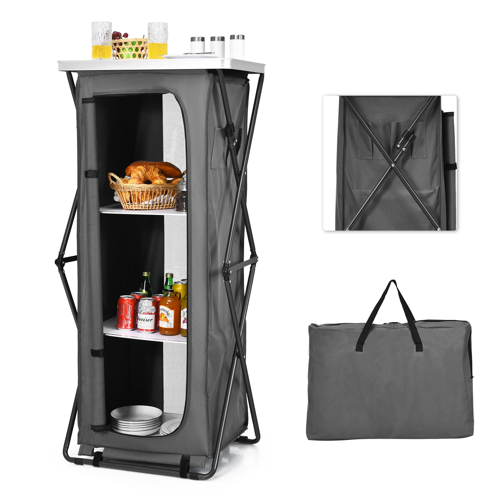 LJG Folding Camping Storage Cabinet with 3 Shelves and Carry Bag