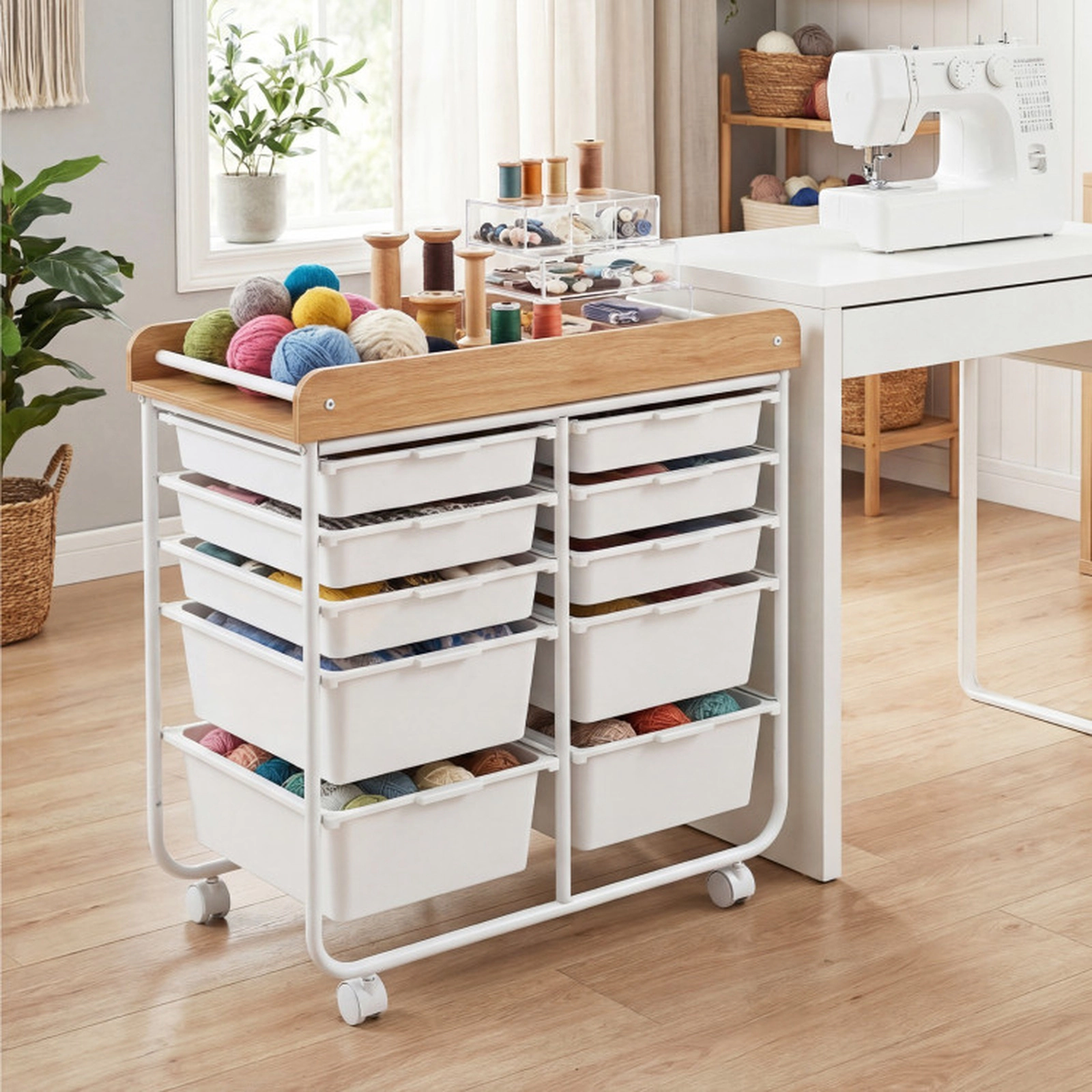 SUGIFT 10-Drawer Rolling Storage Cart with MDF Tabletop 75-lb Capacity 25.5-in Wide Natural and White