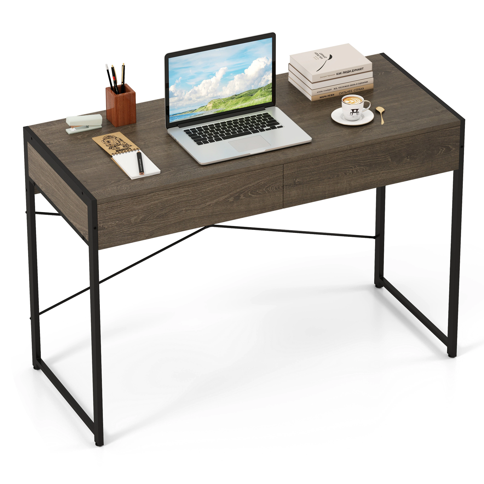 LJG Computer Desk with 2 Drawers 44 Inch Home Office Desk with Metal Frame