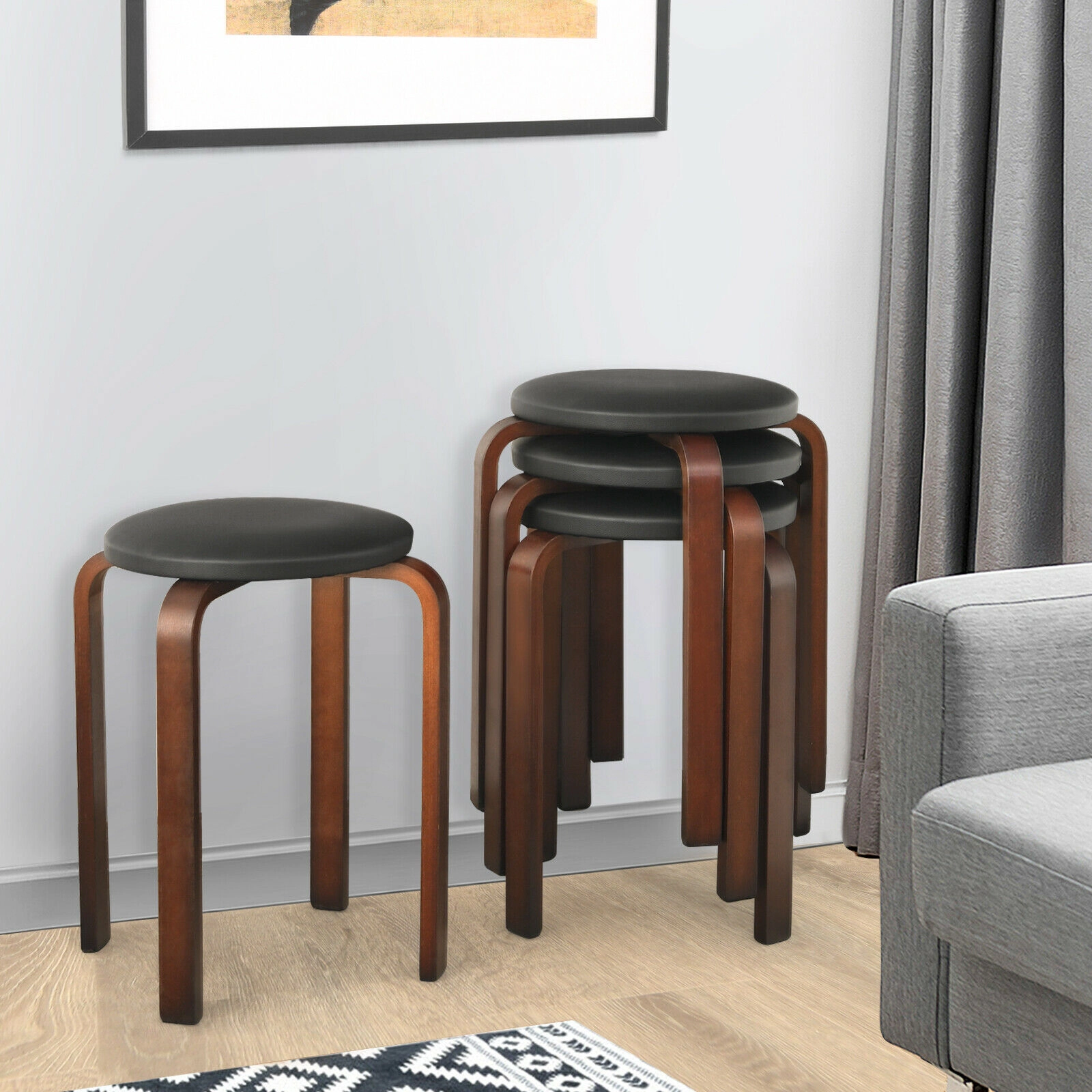 SUGIFT Stackable Bentwood Round Stool Dining Chairs 330-Lb Capacity with 12.5-in Padded Seat Black Beige