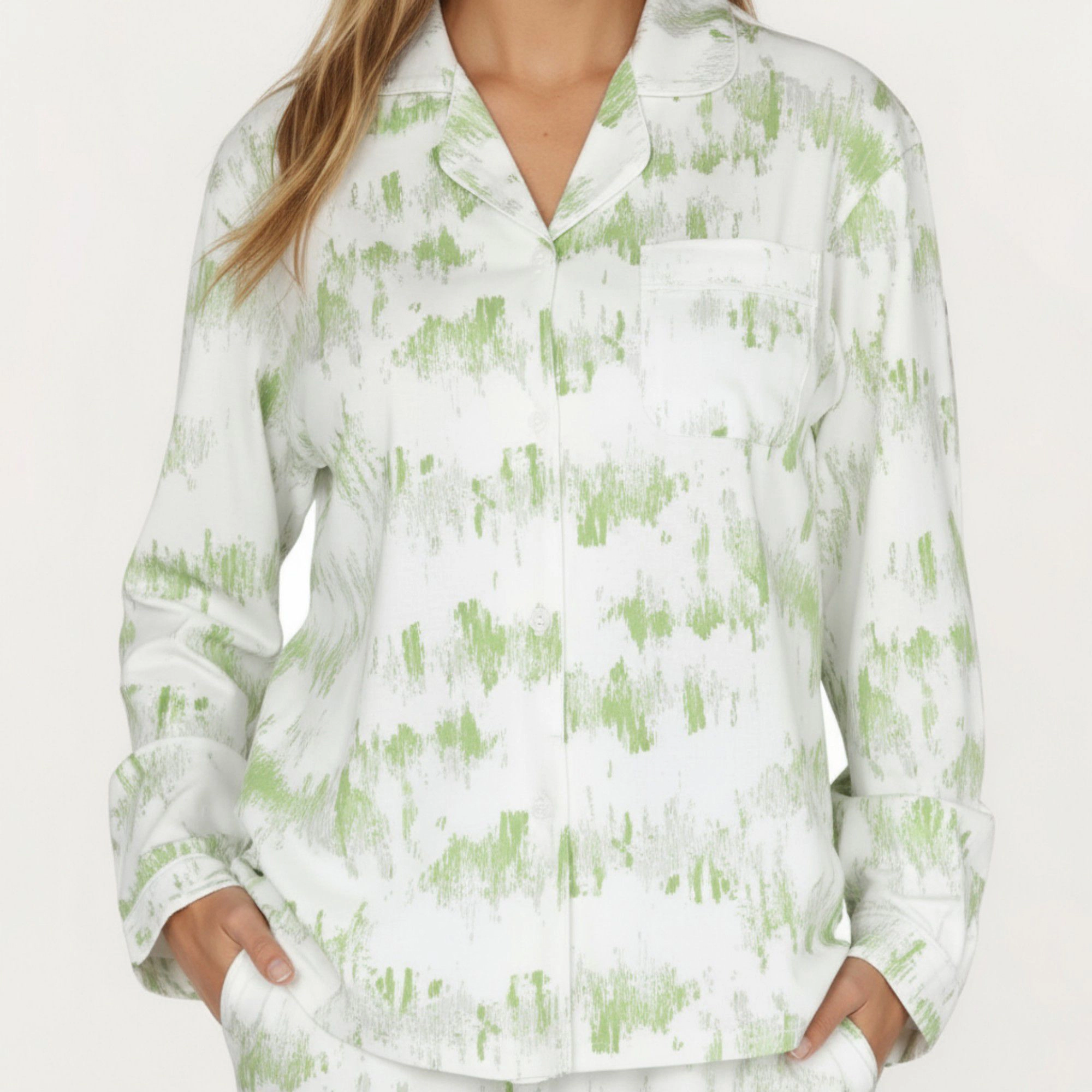 Anna-Kaci Women's 2-Piece Built-In Chest Pads Top and Relaxed Fit Pants Pajama Set with Brushstroke Print
