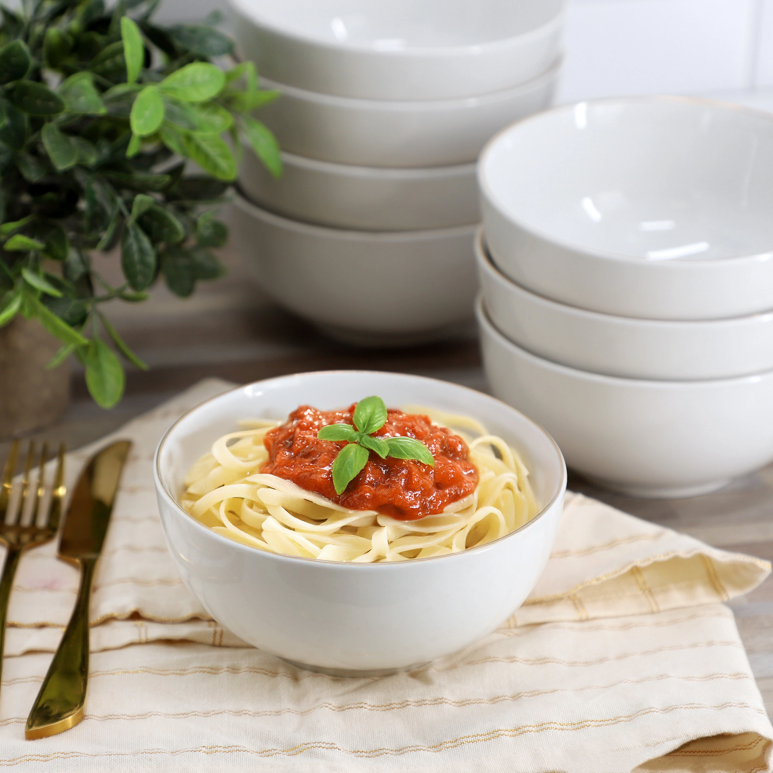 Gibson Home Ogalla 8 Piece Fine Ceramic 6 Inch 22 Ounce Cereal Bowl Set in White with Gold Rim