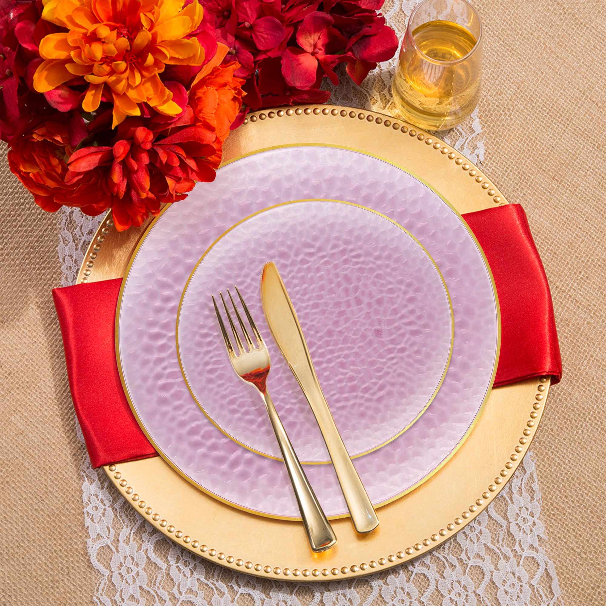 Smarty Had A Party Clear Pink with Gold Rim Hammered Glass Disposable Plastic Wedding Value Set