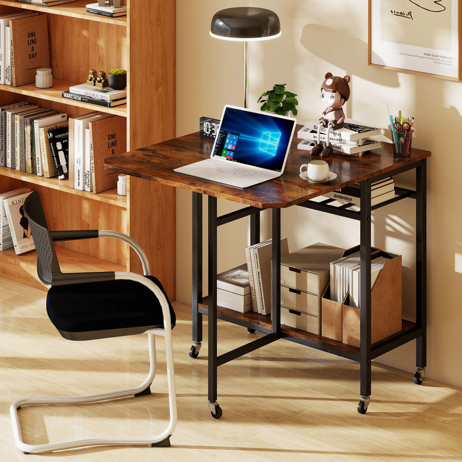 LJG Folding Dining Table with Expandable Laptop with Wine Rack and Wheels