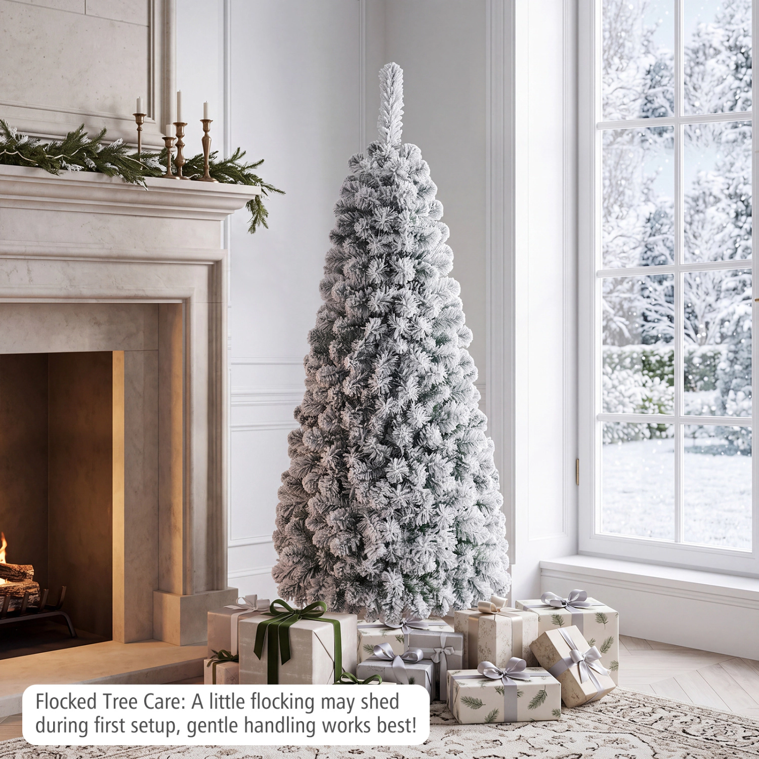 LJG 4.5 Feet Pre-Lit Snow Flocked Pencil Christmas Tree with 150 LED Light