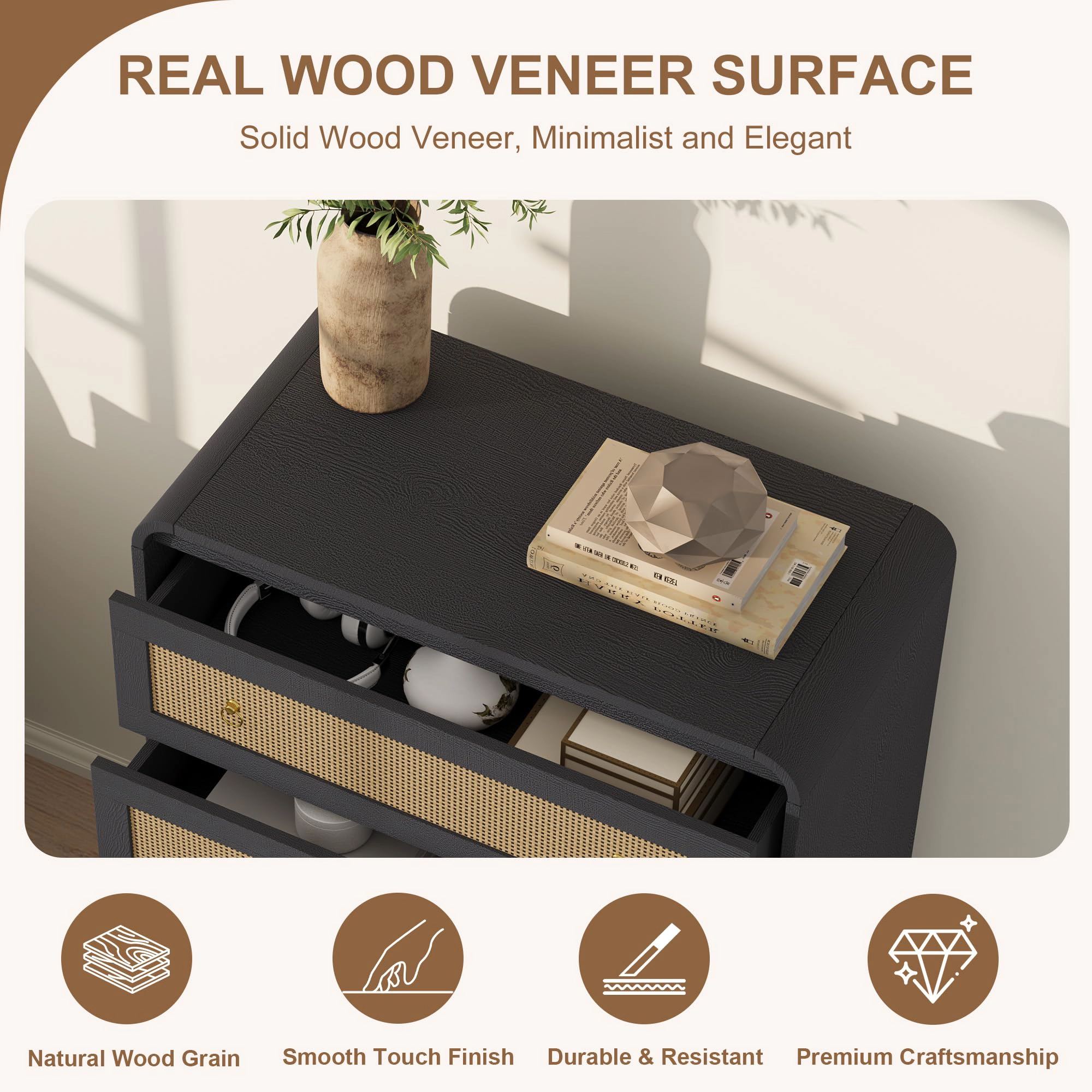 5 Drawer Rattan Dresser with Rounded Corners, 31" Tall Modern Wooden Storage Cabinet for Bedroom Living Room