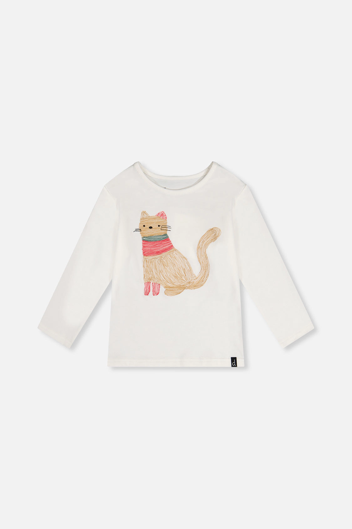 Deux par Girls Embroidered Cat Organic Cotton Long Sleeve T-Shirt
