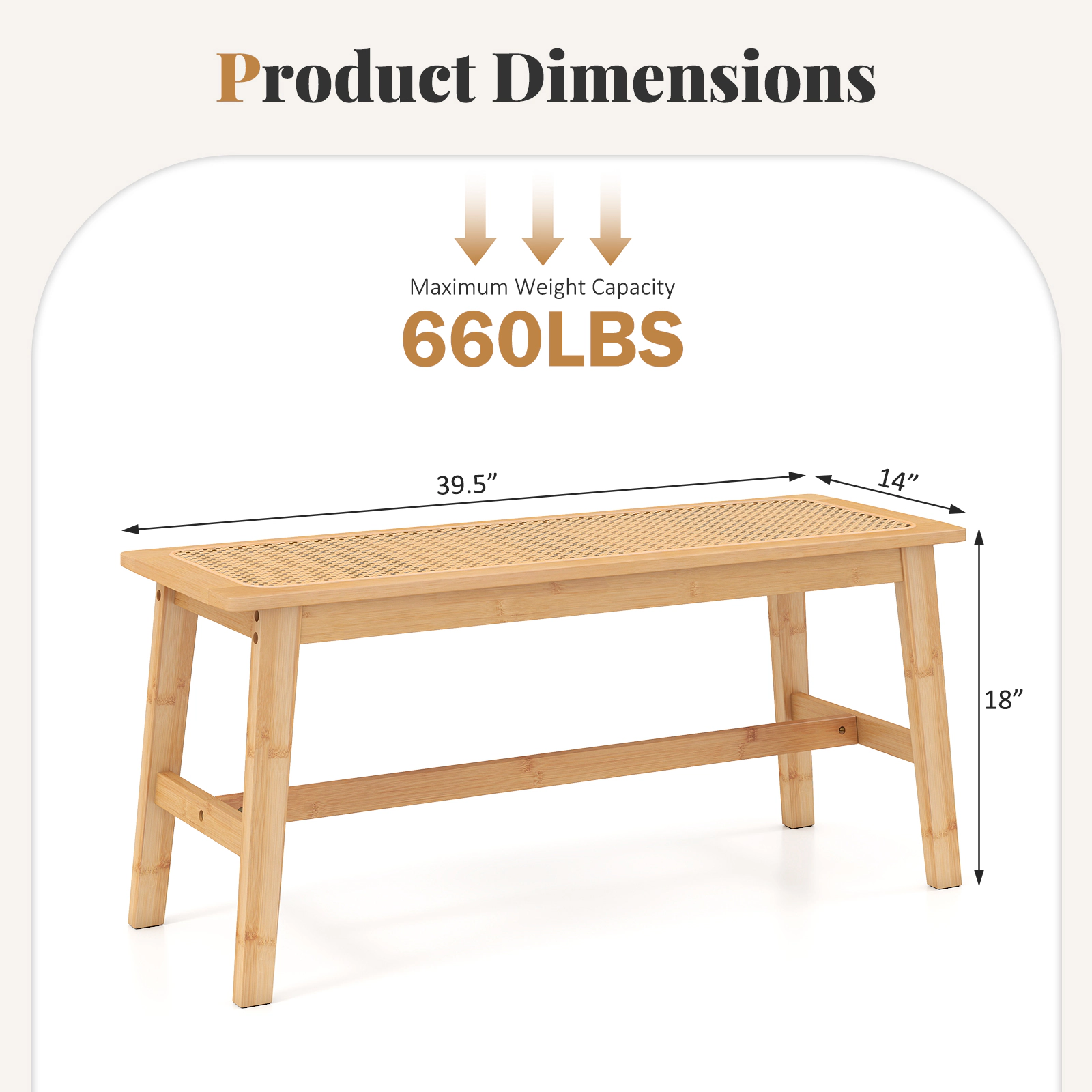 LJG 39.5 Inch Bamboo Dining Bench with Handwoven Rattan Seat for Indoor Outdoor