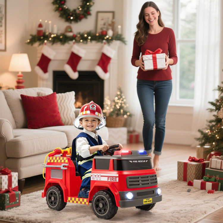 Hivvago 12V Ride on Fire Truck Powered Car with Water Sprayer and Interphone-Red