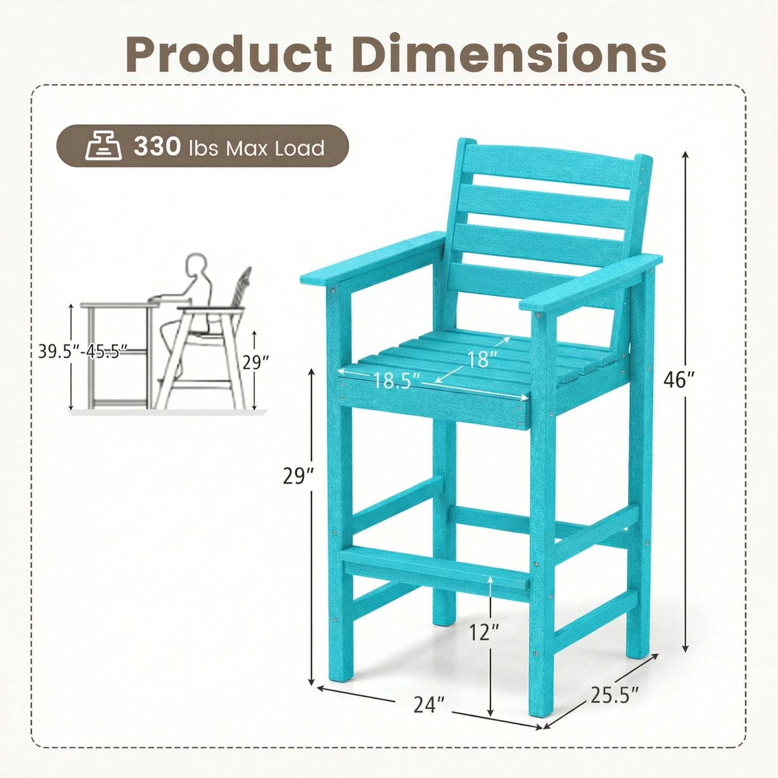 SUGIFT Set of 2 Turquoise HDPE Adirondack Bar Chairs, 29-in Seat, Footrest