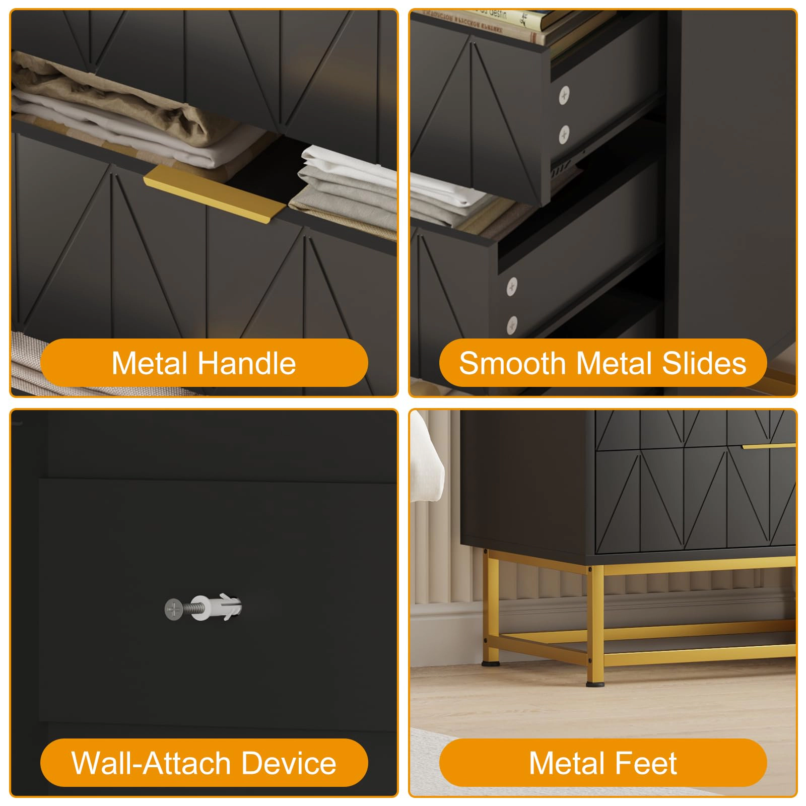 Modern 4 Drawer Wood Dresser with Metal Legs, Wide Storage Chest Organizer for Bedroom Living Room