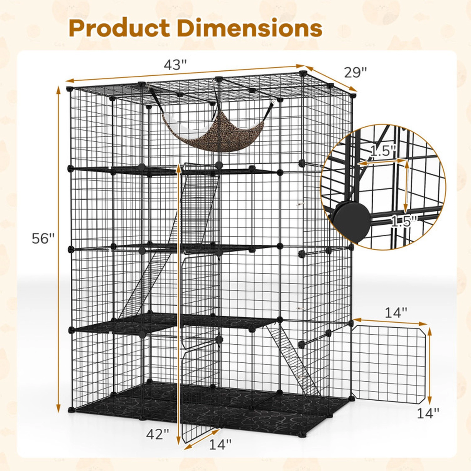 SUGIFT Black 4-Tier Cat Cage Pet Playpen with Skylight and Hammock 43-in W 29-in D 56-in H 11-lb Per Panel