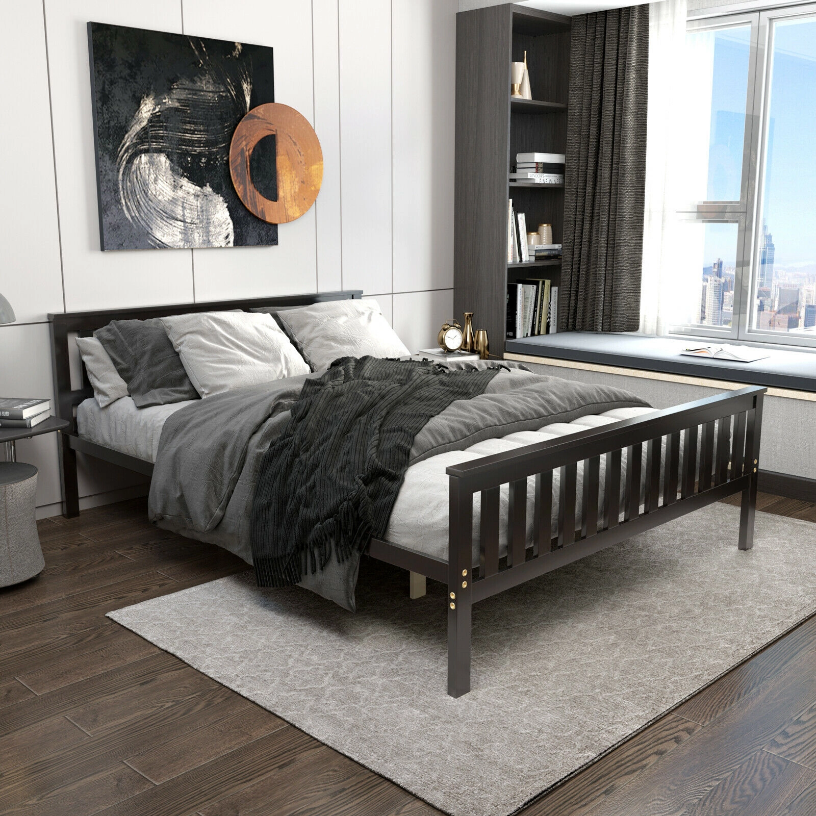 SUGIFT Queen Wood Platform Bed Frame with Panel Headboard, Espresso