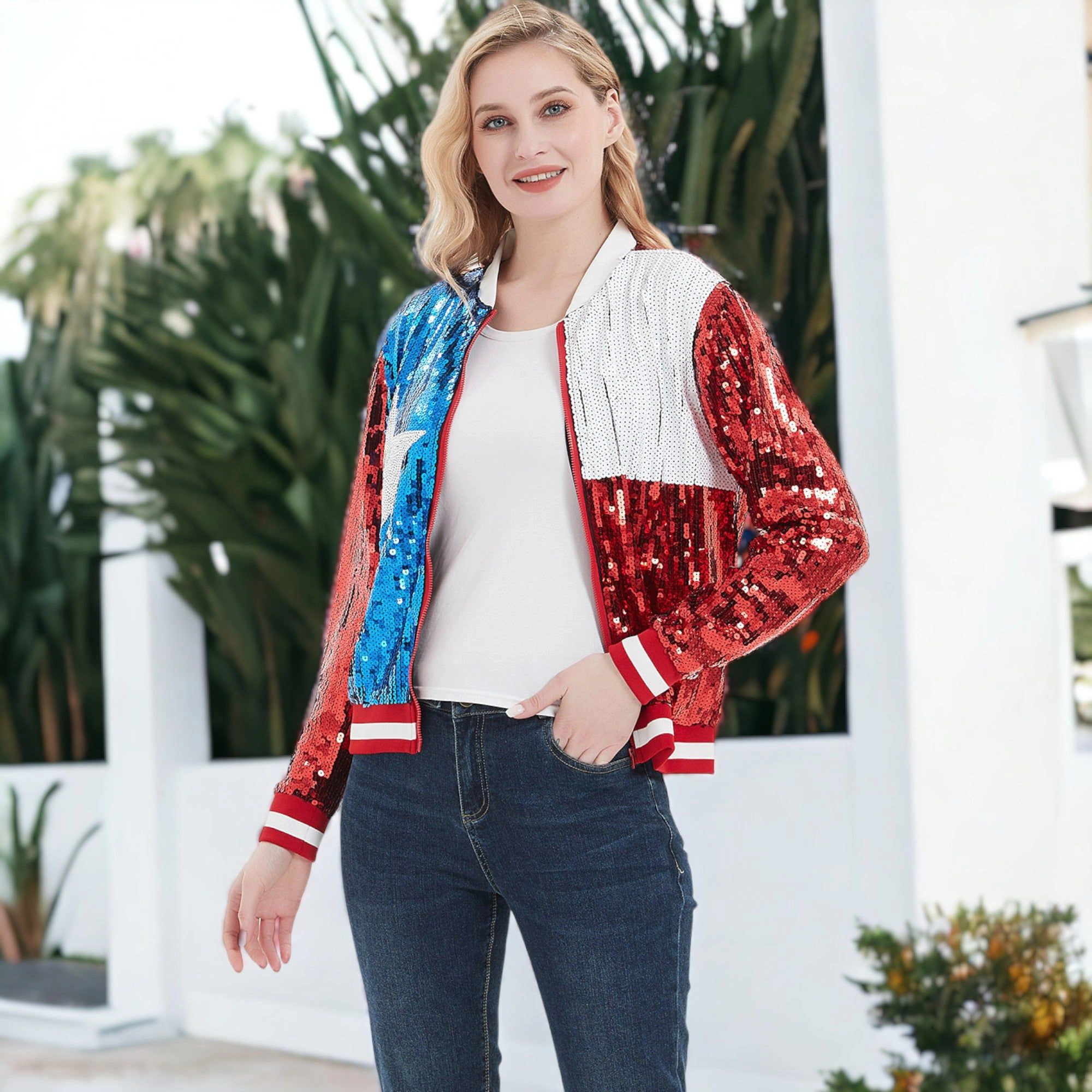 Anna-Kaci Women's Sequin American Flag Bomber Zip-Up Jacket