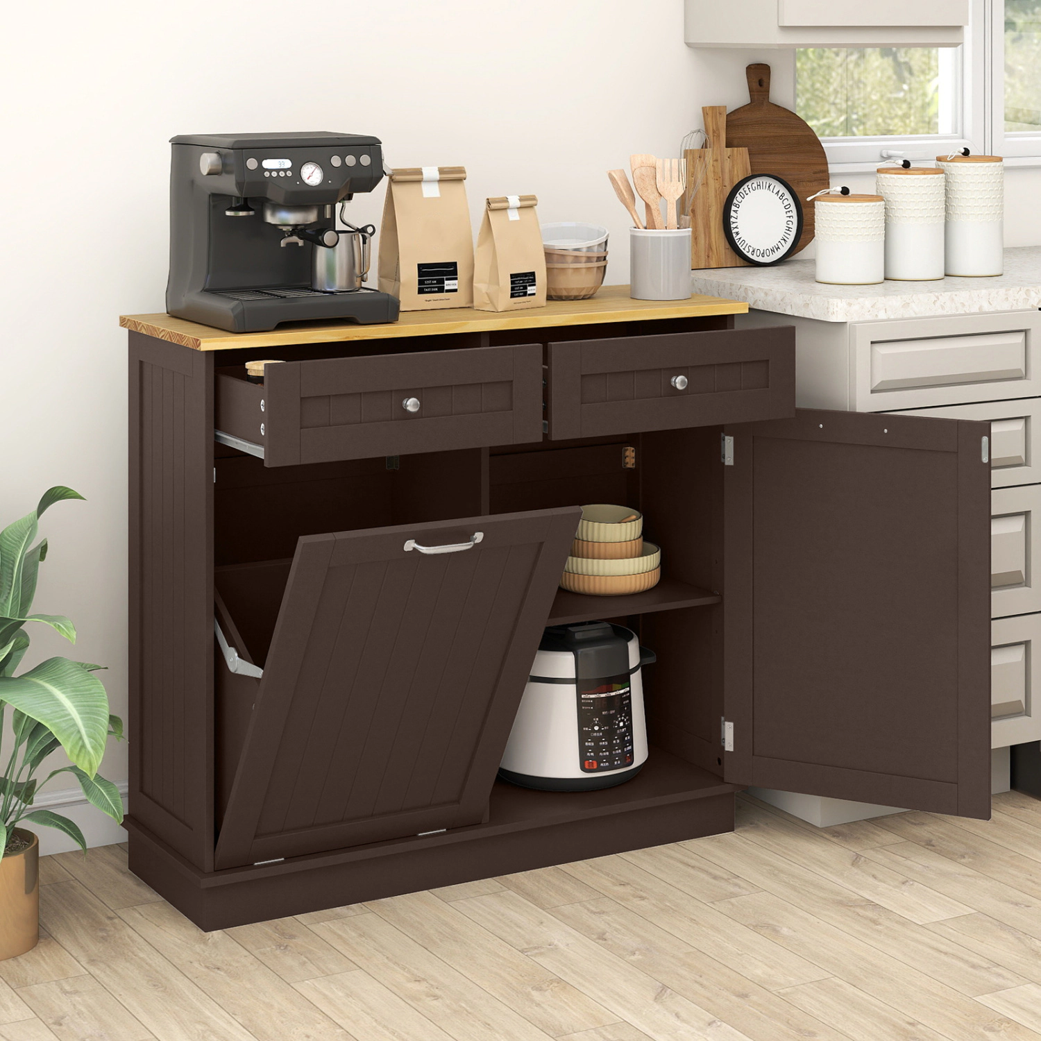 Glintex 39.5-Inch Tilt-Out Trash Cabinet with Pine Wood Countertop, Brown