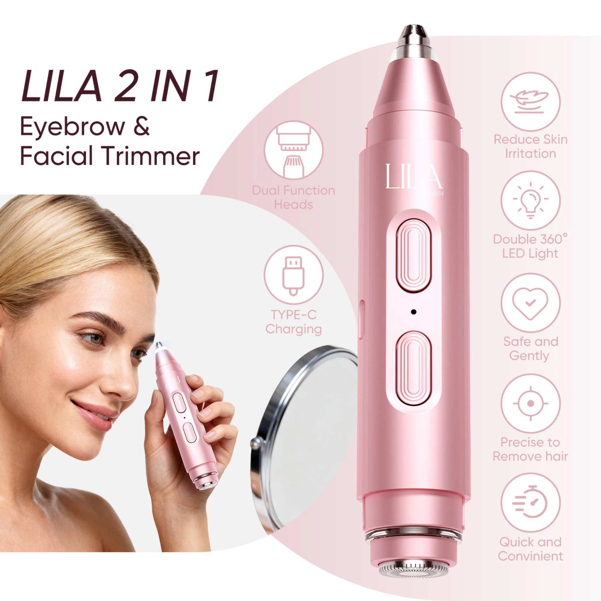 LILA by Akunbem Women Electric 2-in-1 Facial Shaver and Eyebrow Trimmer - USB Rechargeable - Pink
