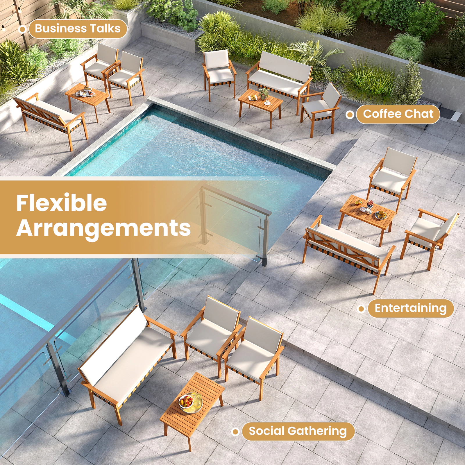 SUGIFT 4-Piece White Acacia Wood Patio Set with Loveseat, Armchairs and Coffee Table
