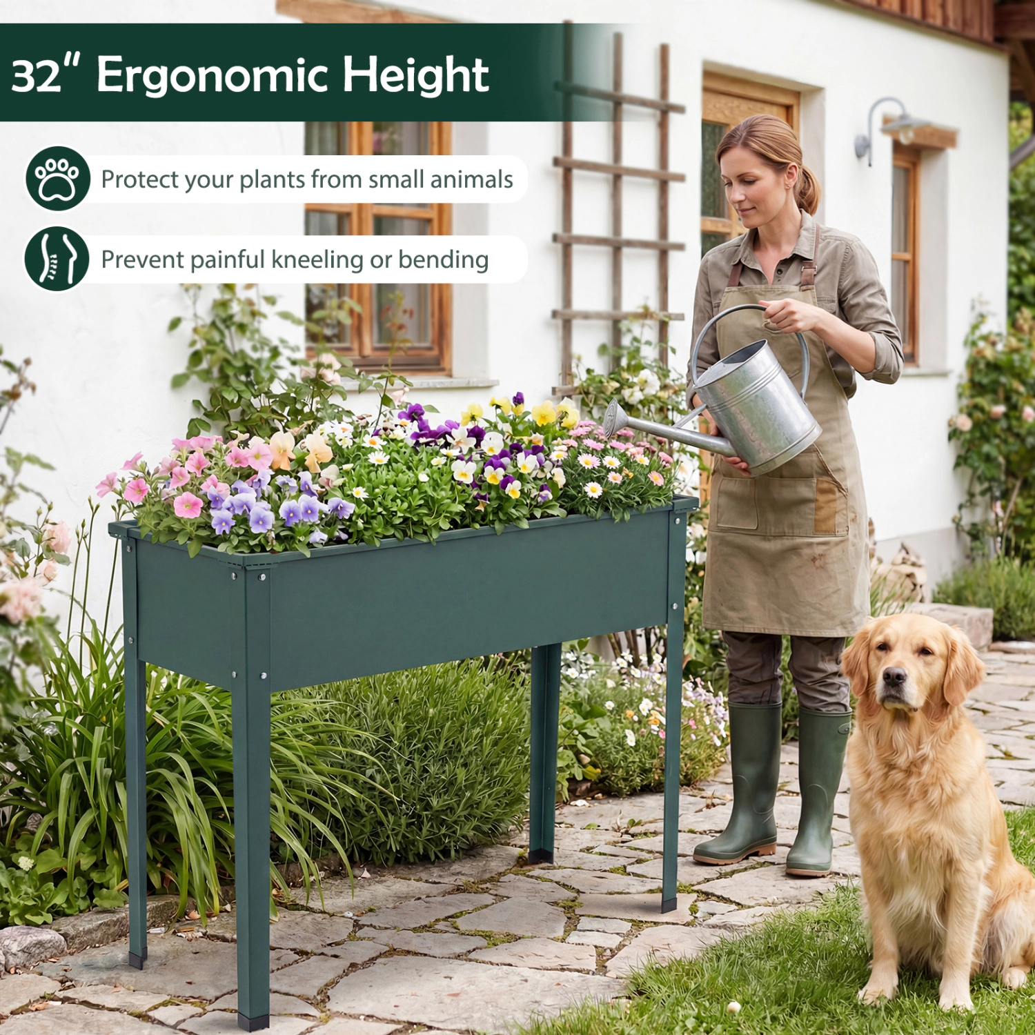 SlickBlue 40 Inch Standing Garden Bed with Drainage System Black Green