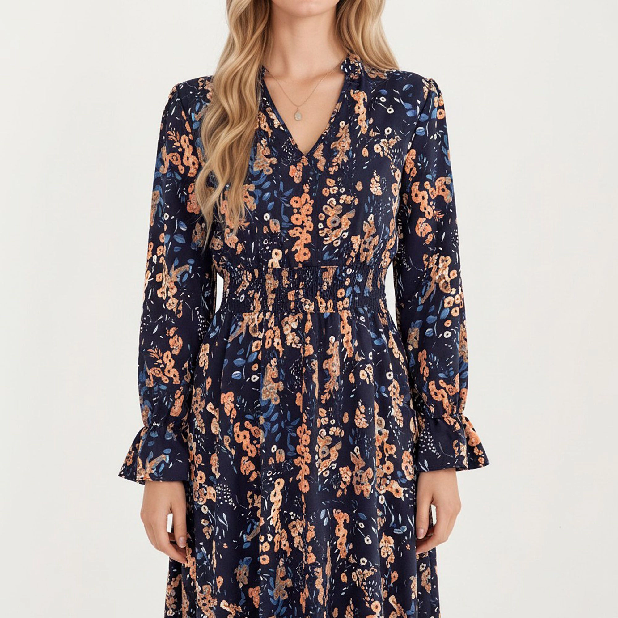 Anna-Kaci Women's Floral Print Smocked Waist Long Sleeve V Neck Ruffle Hem Dress