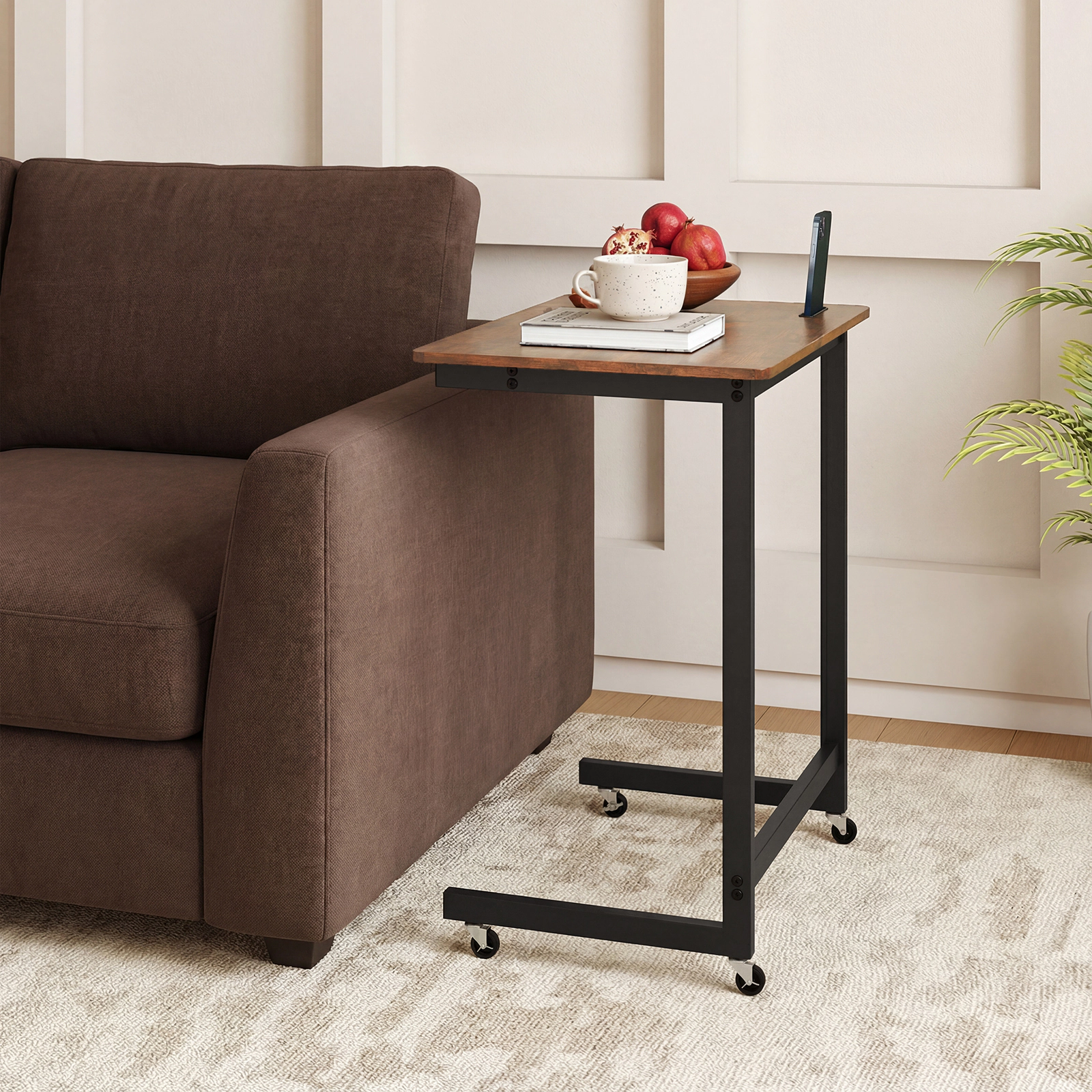 Glintex Rolling C-Shaped Bedside Table with Built-In Phone Slot and Locking Casters, Rustic Brown