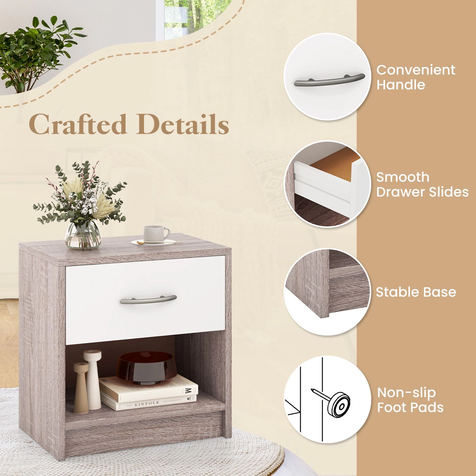 SlickBlue Modern Nightstand with Drawer and Open Storage Shelf
