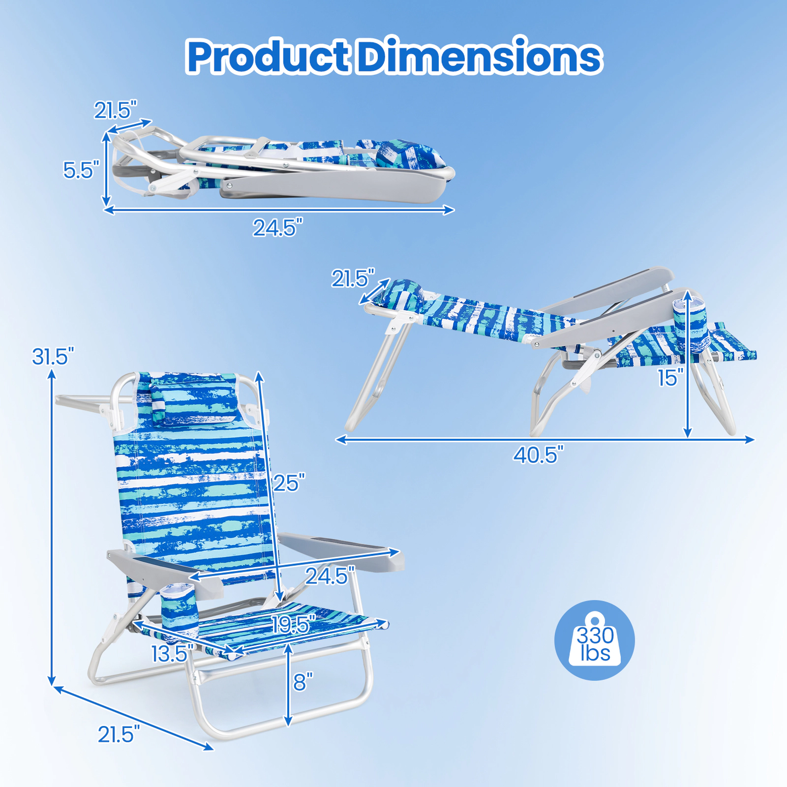 LJG 2 Pack Folding Beach Chair with Adjustable Positions and Head Pillow