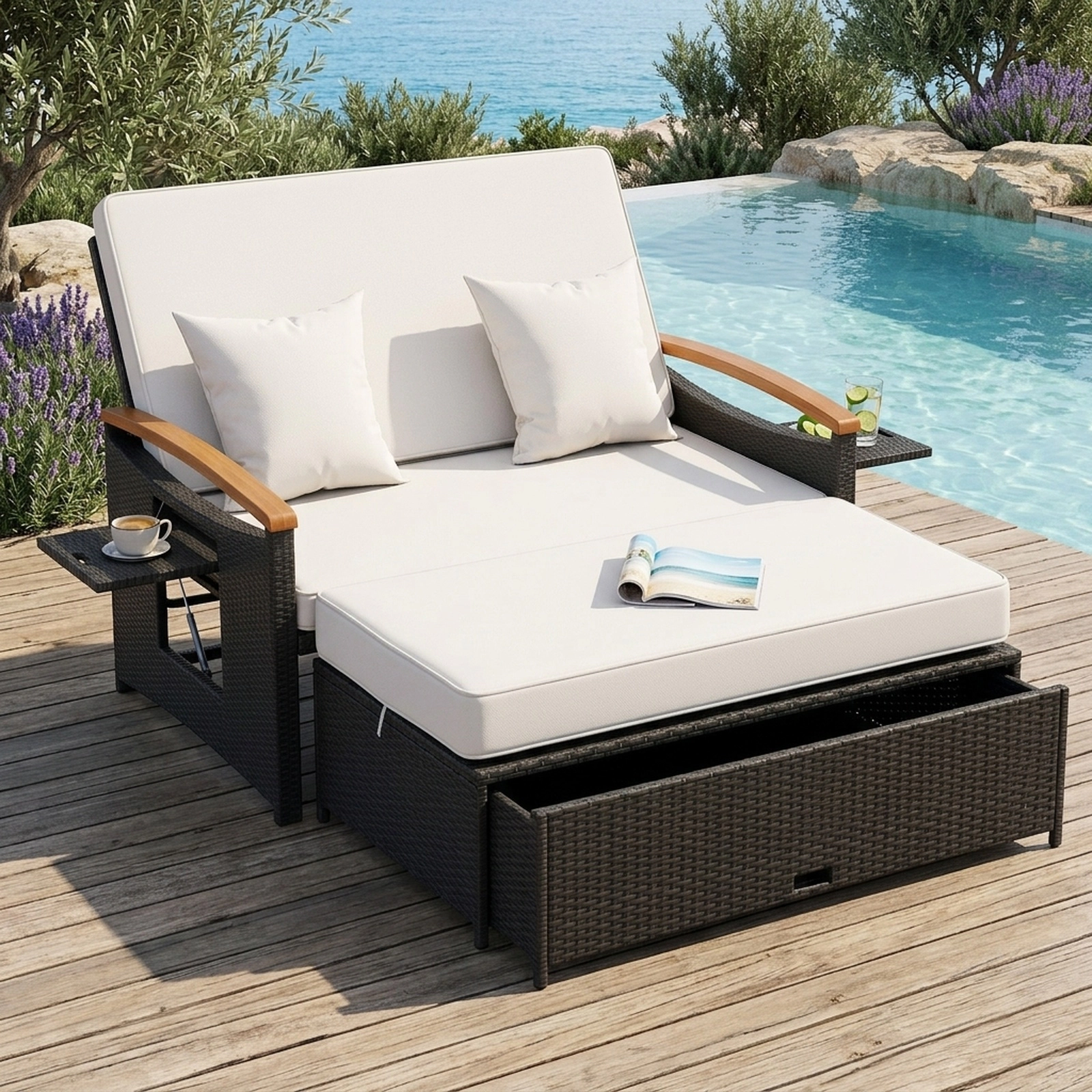 SUGIFT White PE Rattan Outdoor Loveseat and Storage Ottoman Set, Adjustable Patio Daybed