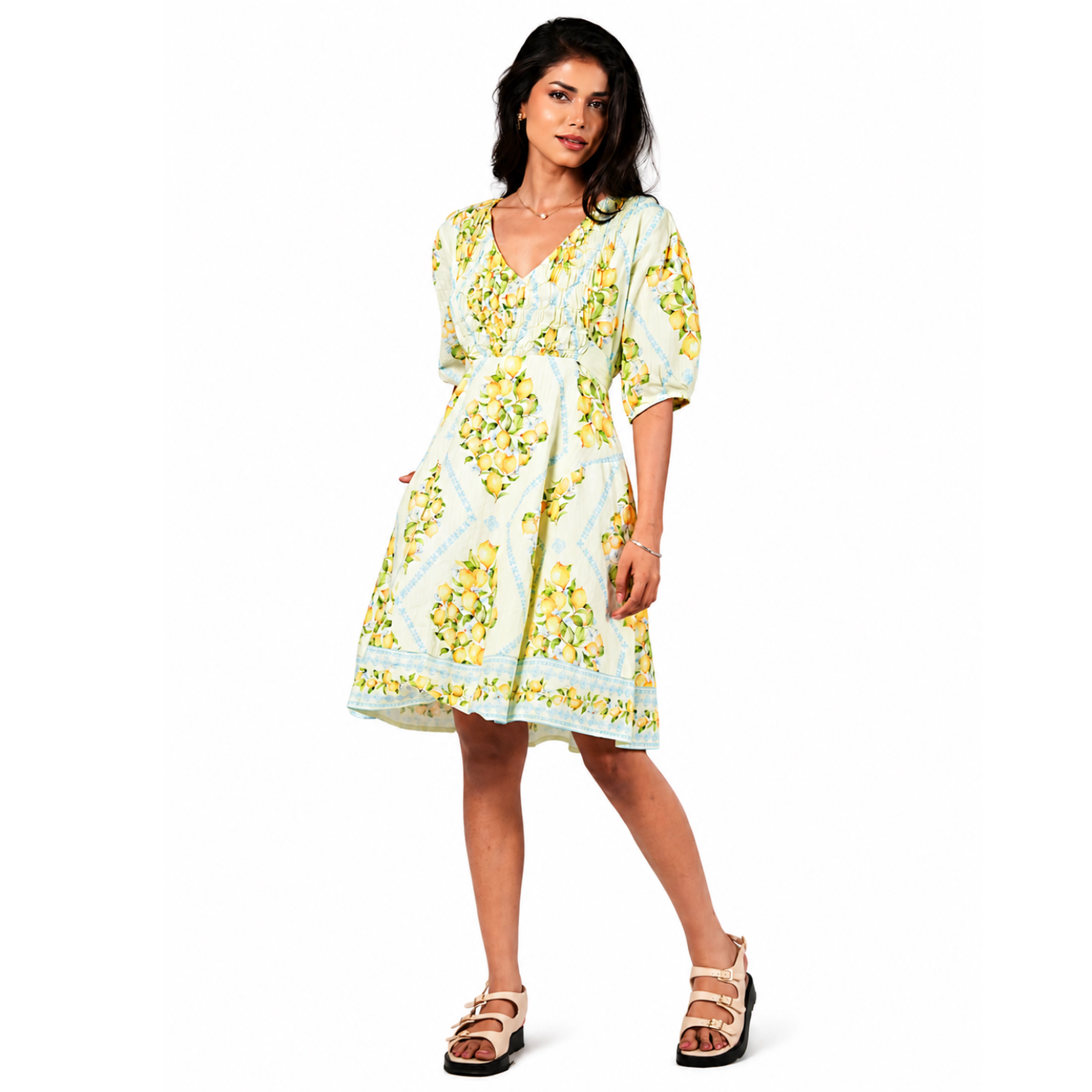 Rose & Nancy Women's Kirsten Lemon Print Smock Detail Cotton Mini Dress