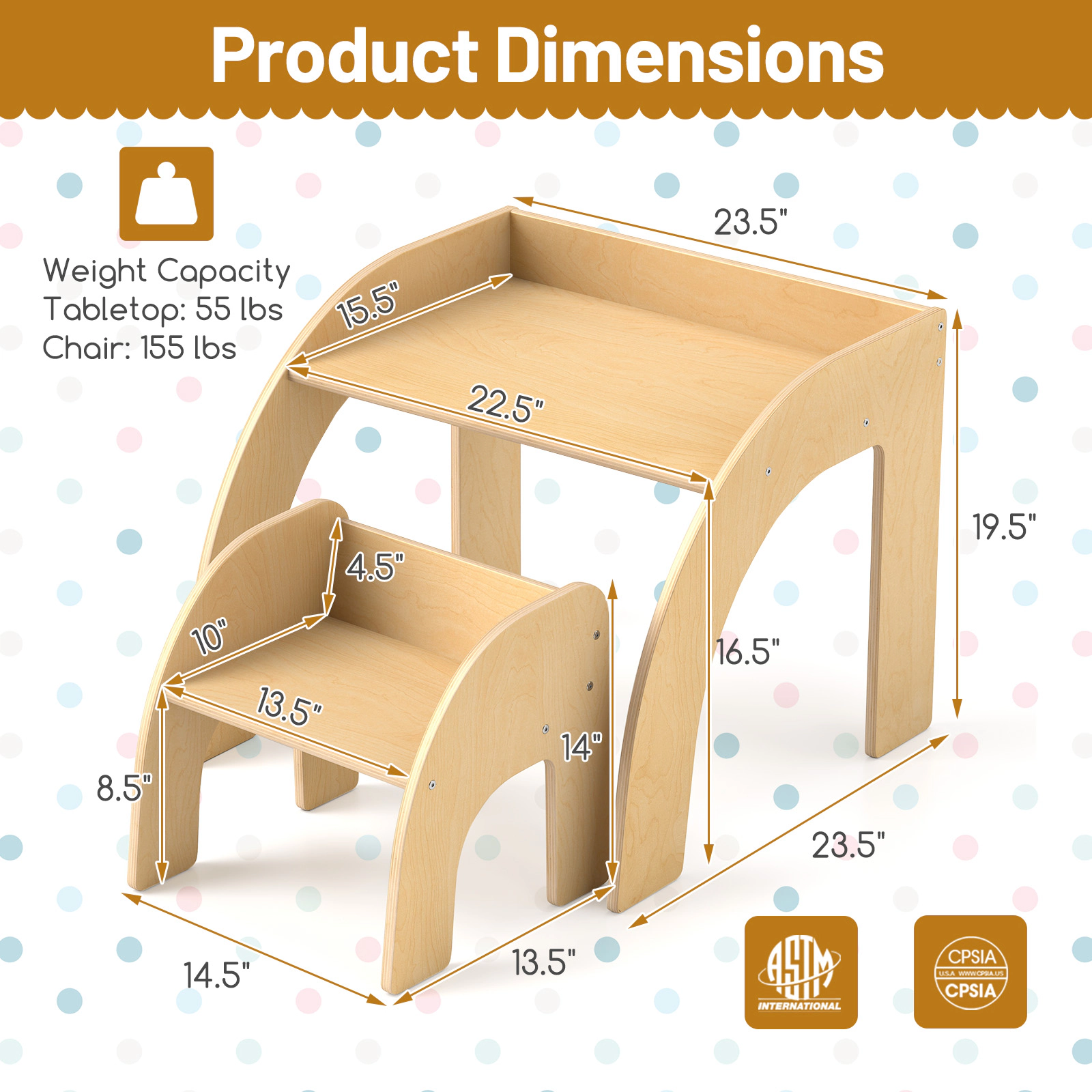 SUGIFT Natural Wide Tabletop and Curved Safety Edges Kids Table and Chair Set