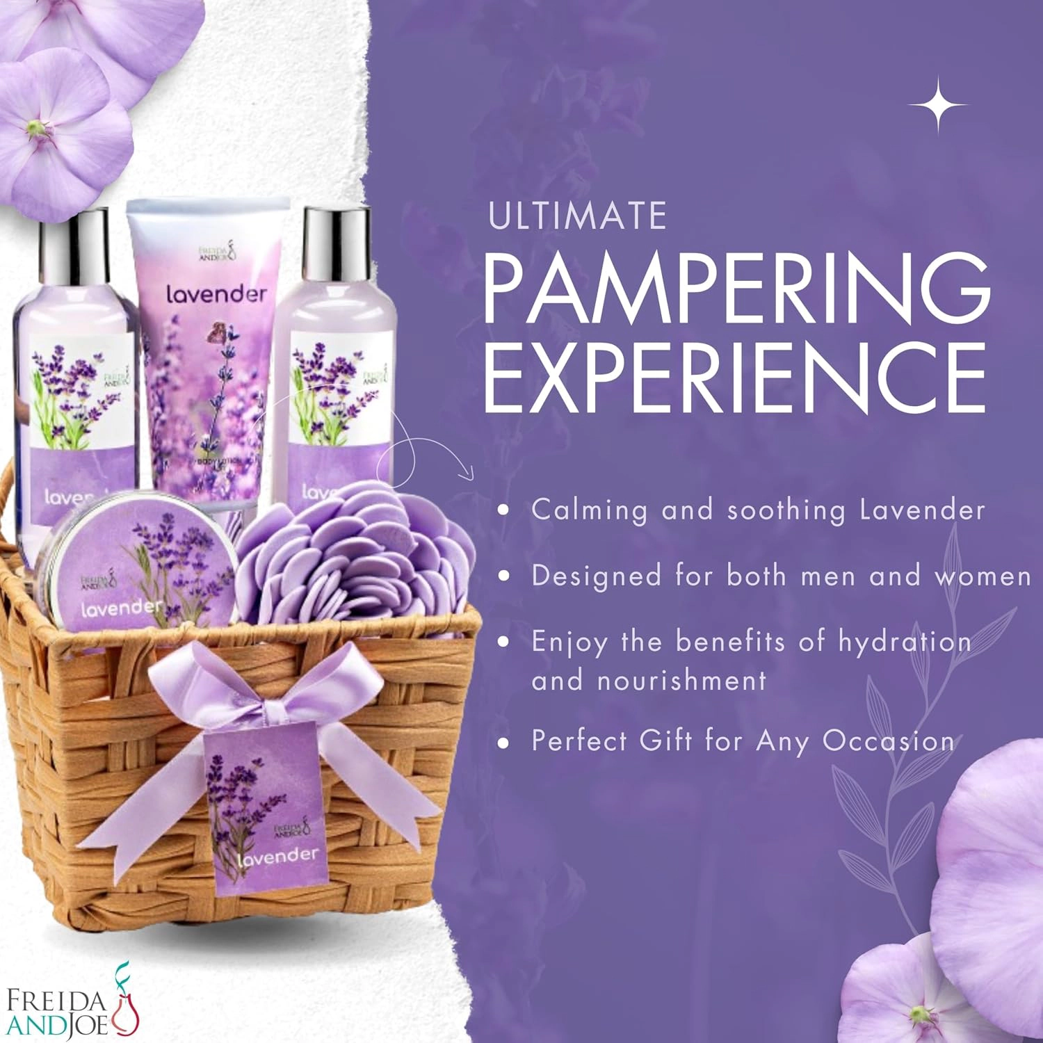 Freida and Joe Women Lavender Bath & Body 6pc Set Wicker Spa Basket For Spa Relaxation