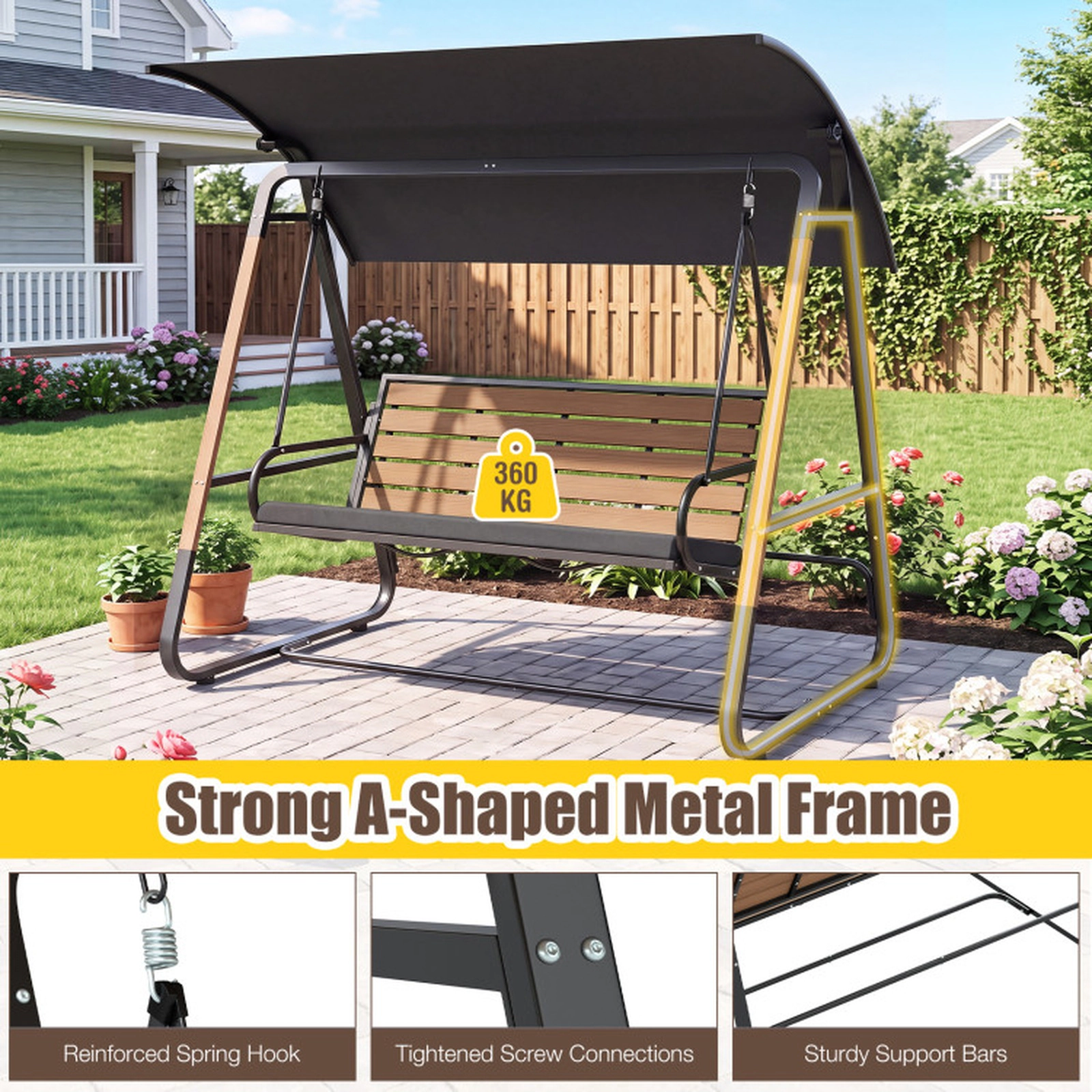 SUGIFT Black Adjustable Canopy and Slatted Seat 3-Person Porch Swing