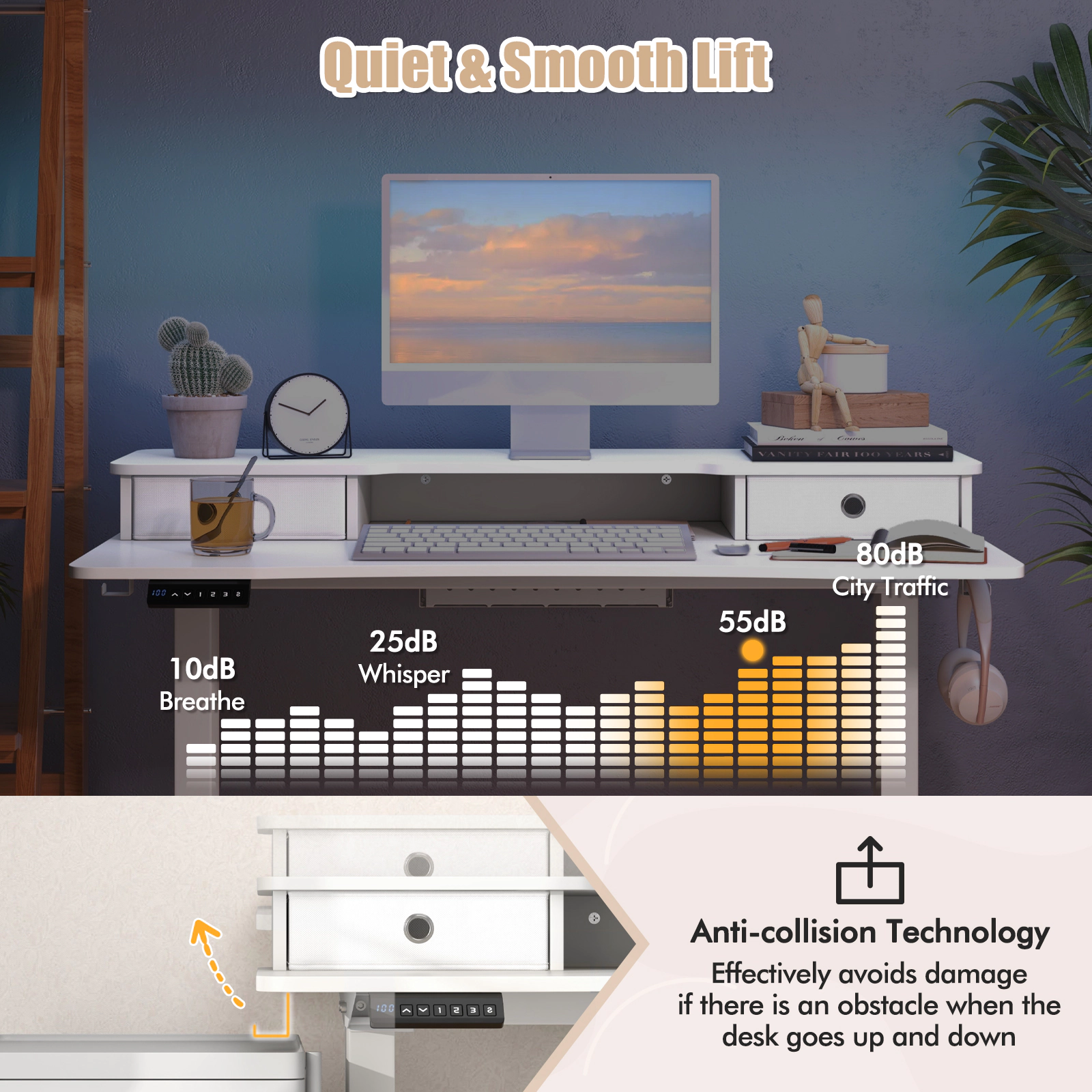 SUGIFT 48 x 24 in Height Adjustable Electric Standing Desk with Monitor Shelf and 2 Drawers 200-Lb Capacity White