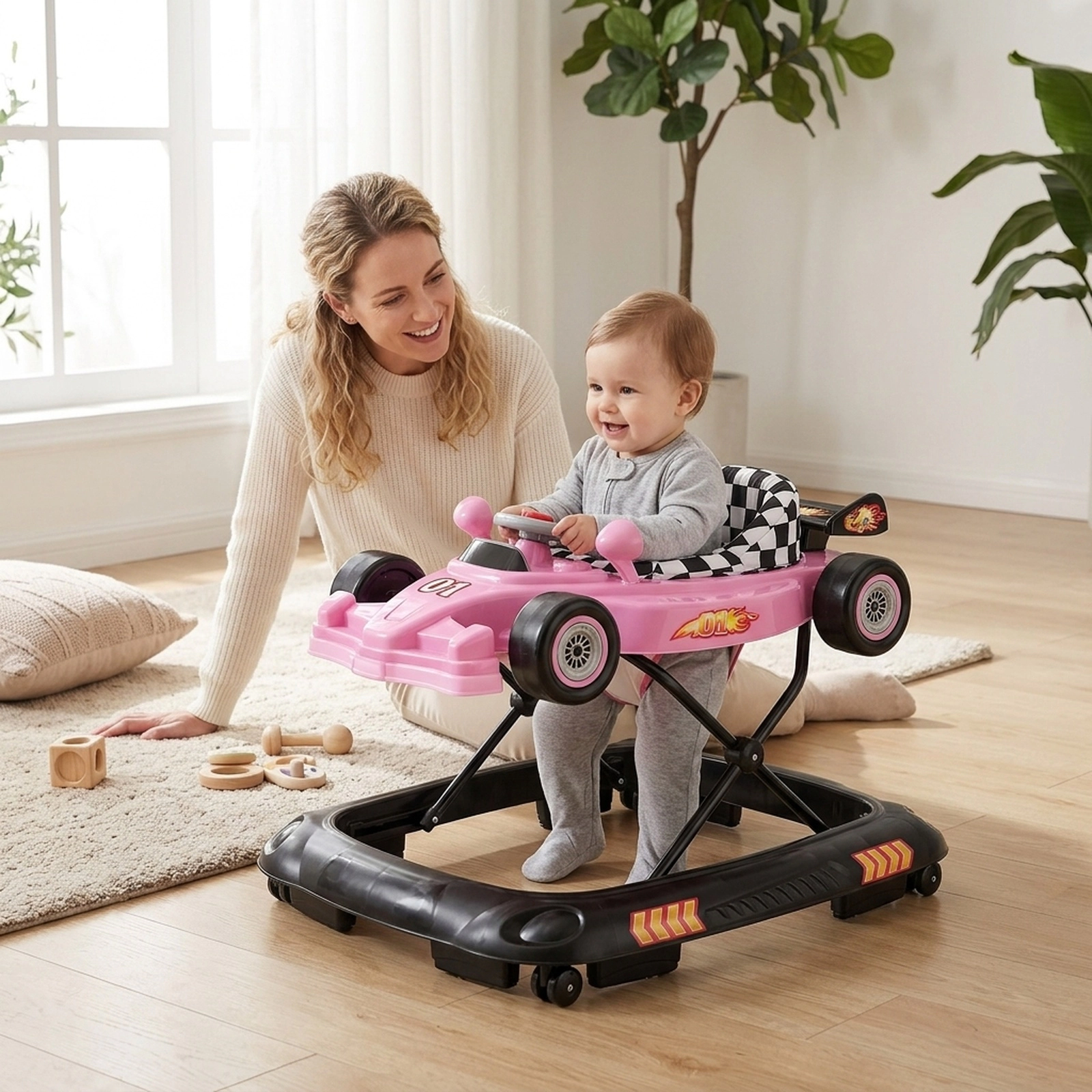 Convertible Baby Walker and Activity Center with 3 Height Settings Racing Car Music Plate and Damping Wheels Pink