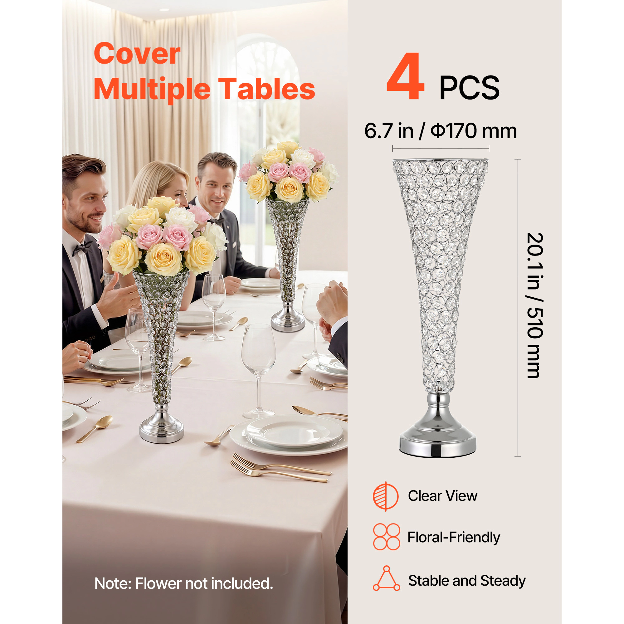 HONGGE Crystal Wedding Flower Stand Wedding Vase Flower for Wedding Party Decor