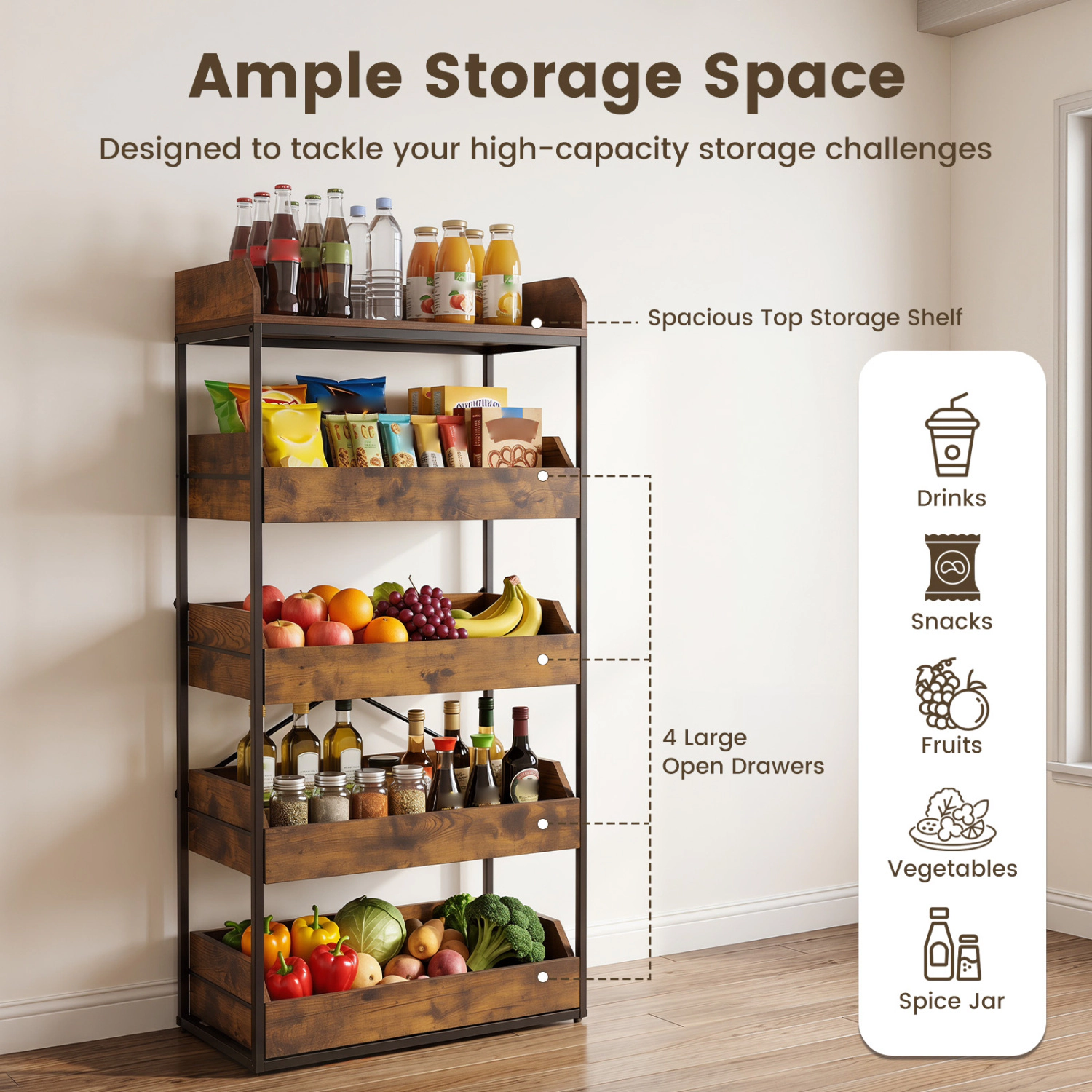 LJG 5-Tier Food Storage Rack with 4 Pull-Out Drawers and Adjustable Feet