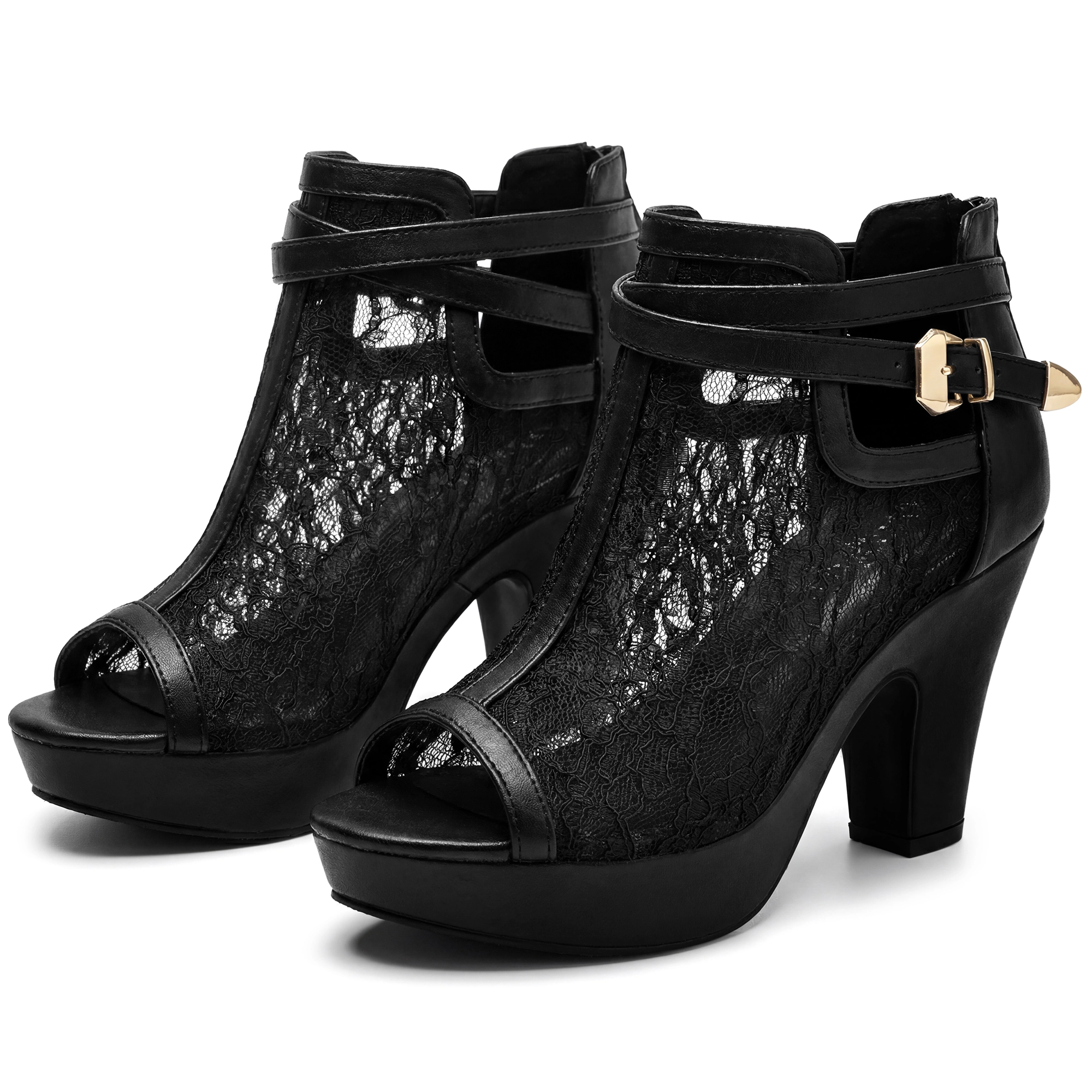 BLISSFUL STEP Women's Lace Peep Toe Platform Ankle Booties