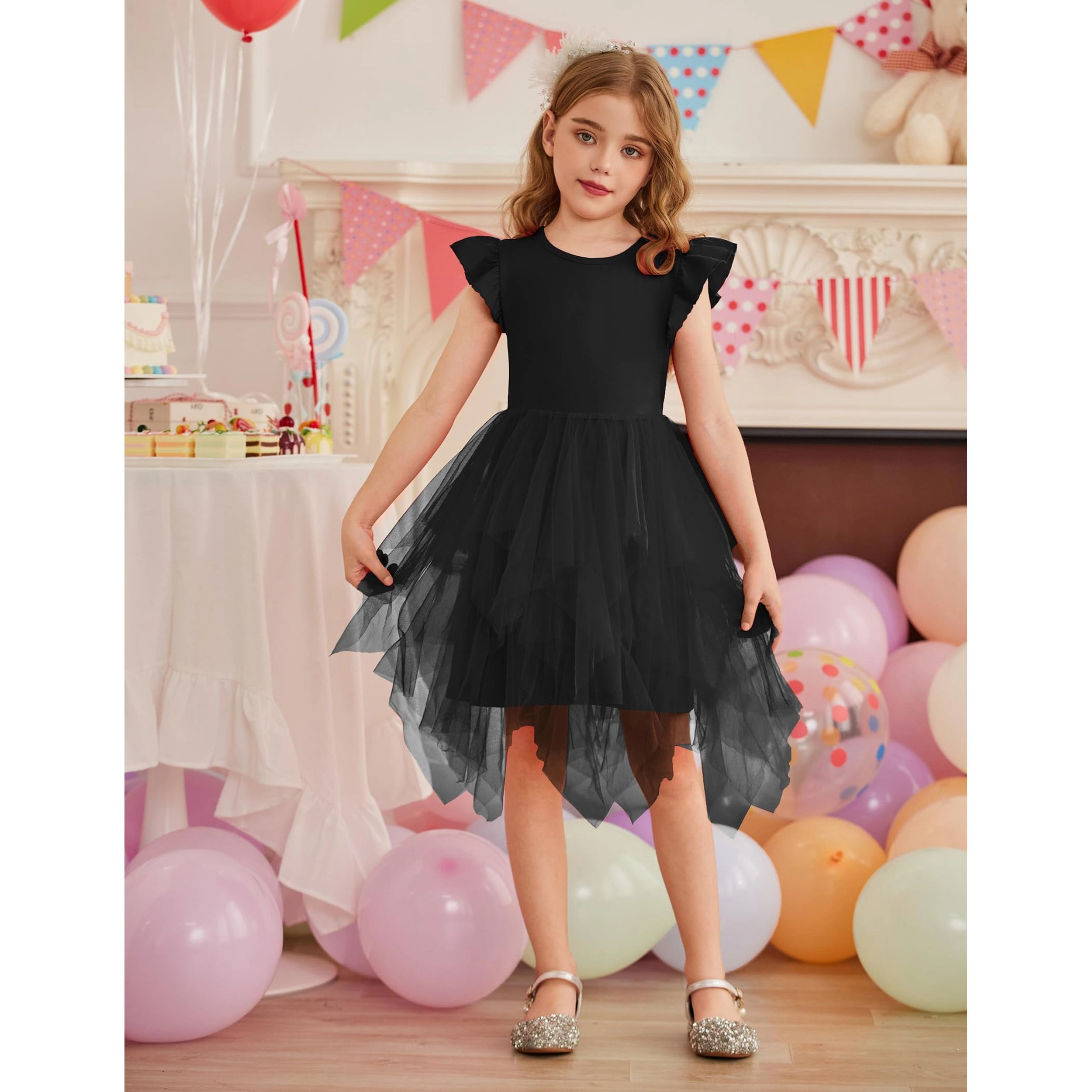 Arshiner Little Girls Ruffle Sleeve Irregular Tulle Tutu Princess Birthday Party Dress